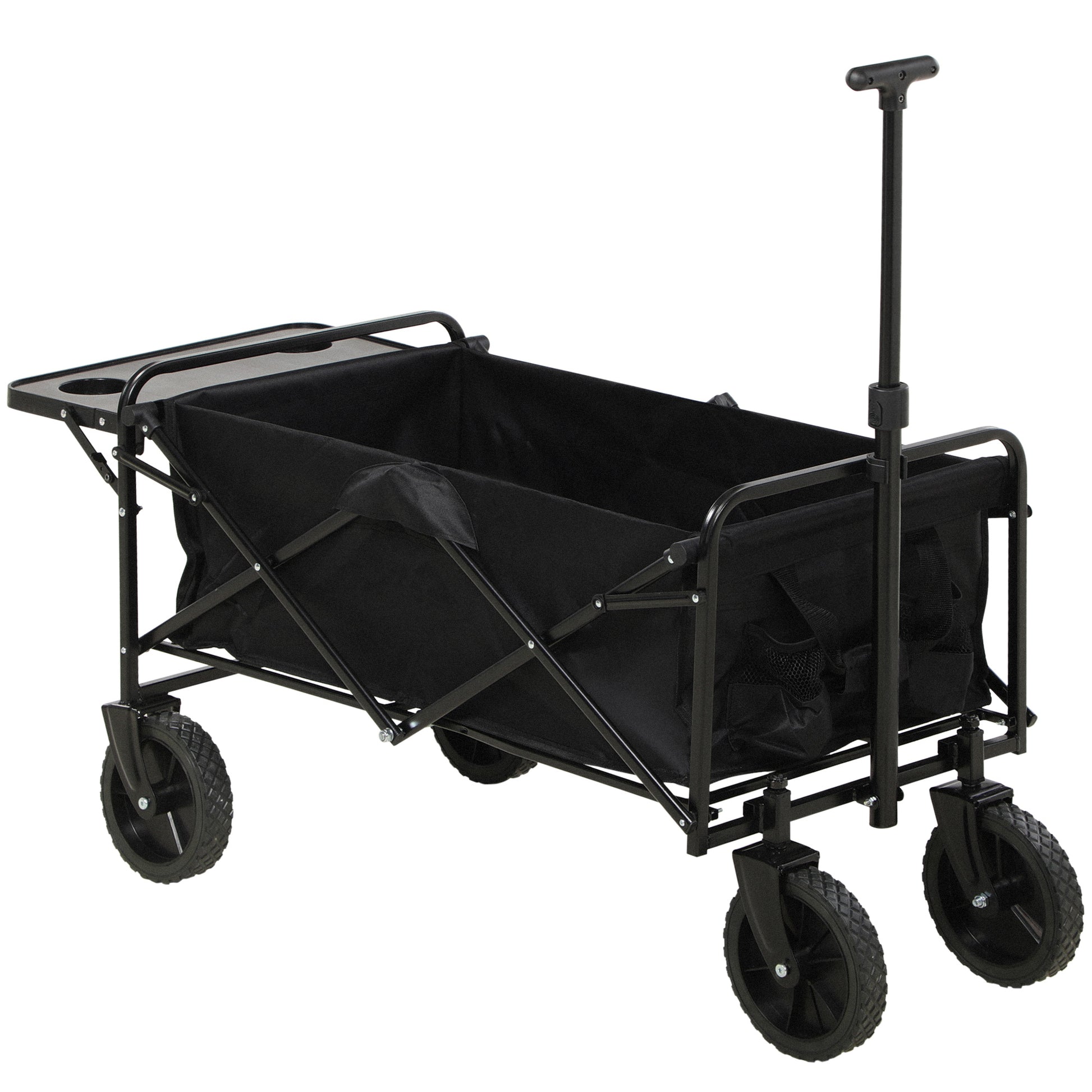 Folding Beach Cart, 4-Wheel Transport Cart Removable Cover Telescopic Handle Adjustable Tilt Folding Tray 117L x 51W x 100H cm black