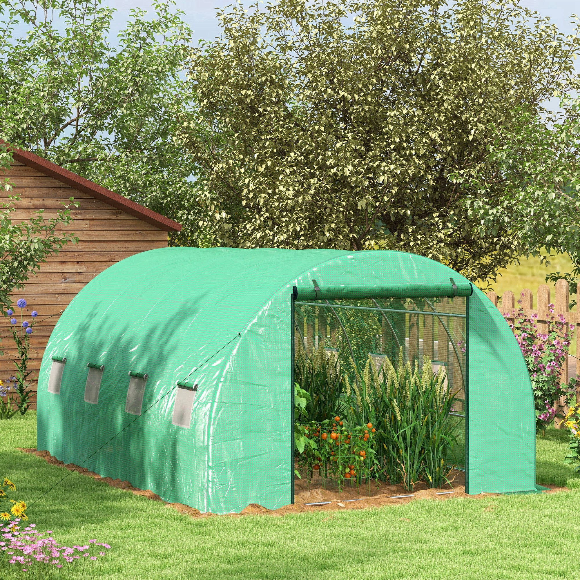 Garden Tunnel Greenhouse 12 sqm Tomato Greenhouse with Integrated Watering System 3L x 2W x 2H m Reinforced Steel + High Density PE 140 g/m² 8 Windows Roll-up Door Green