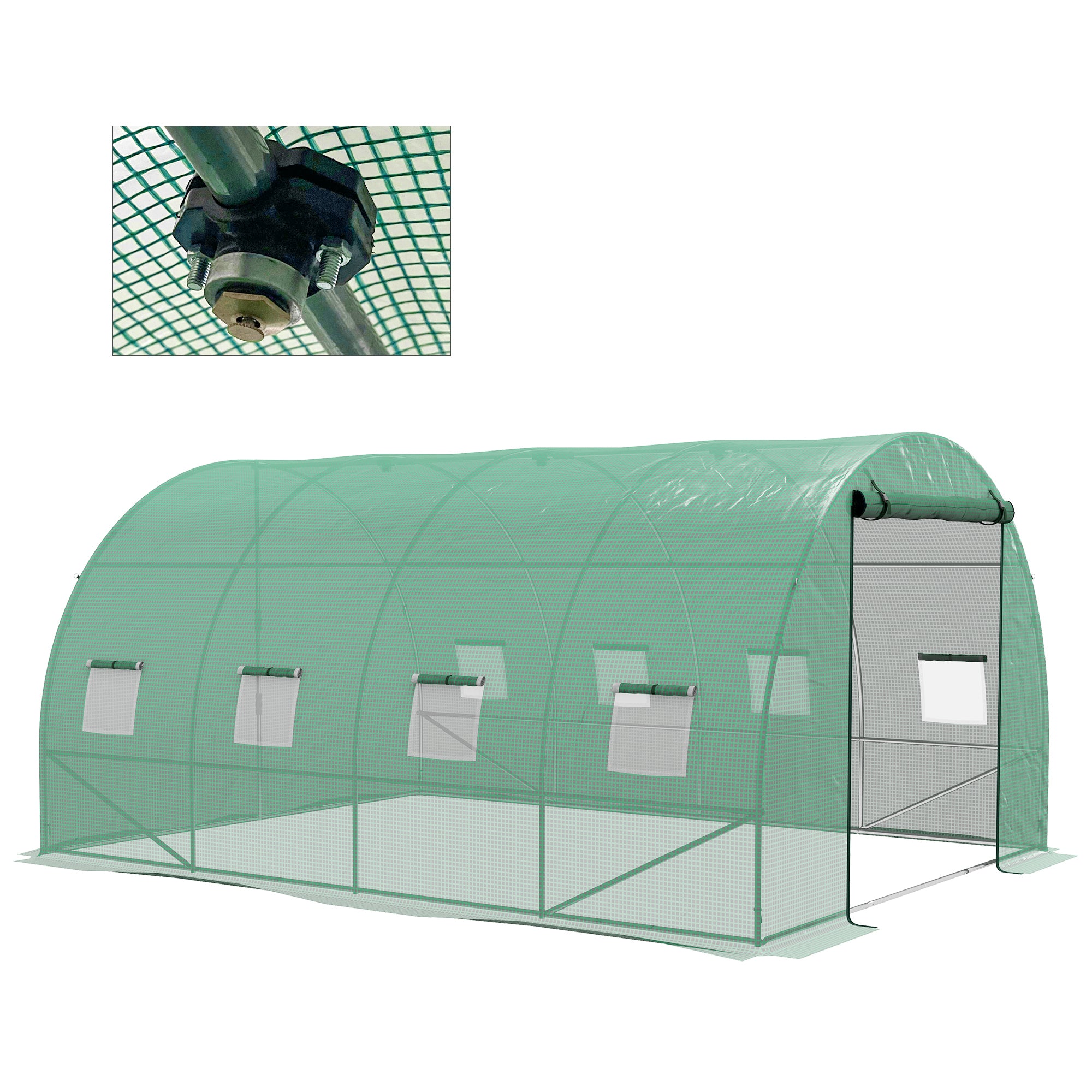 Garden Tunnel Greenhouse 12 sqm Tomato Greenhouse with Integrated Watering System 3L x 2W x 2H m Reinforced Steel + High Density PE 140 g/m² 8 Windows Roll-up Door Green