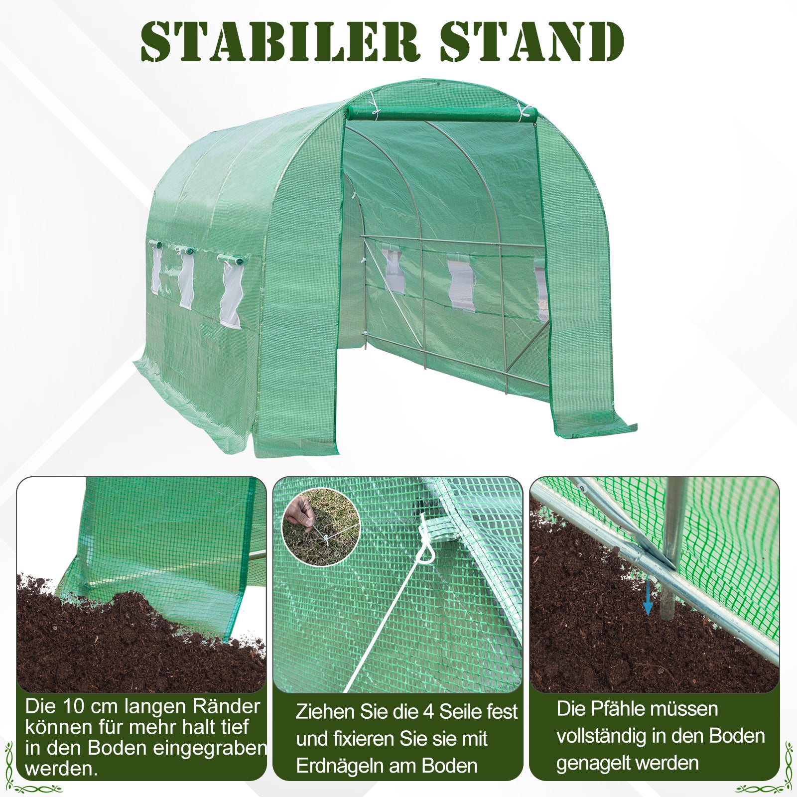 Greenhouse 445x190x200cm Foil Greenhouse Tomato House with Door, 6 Windows, Galvanized Steel Foil Tunnel, PE, Sturdy Greenhouse Plant Tunnel, Including Ground Anchors & Ropes, Green