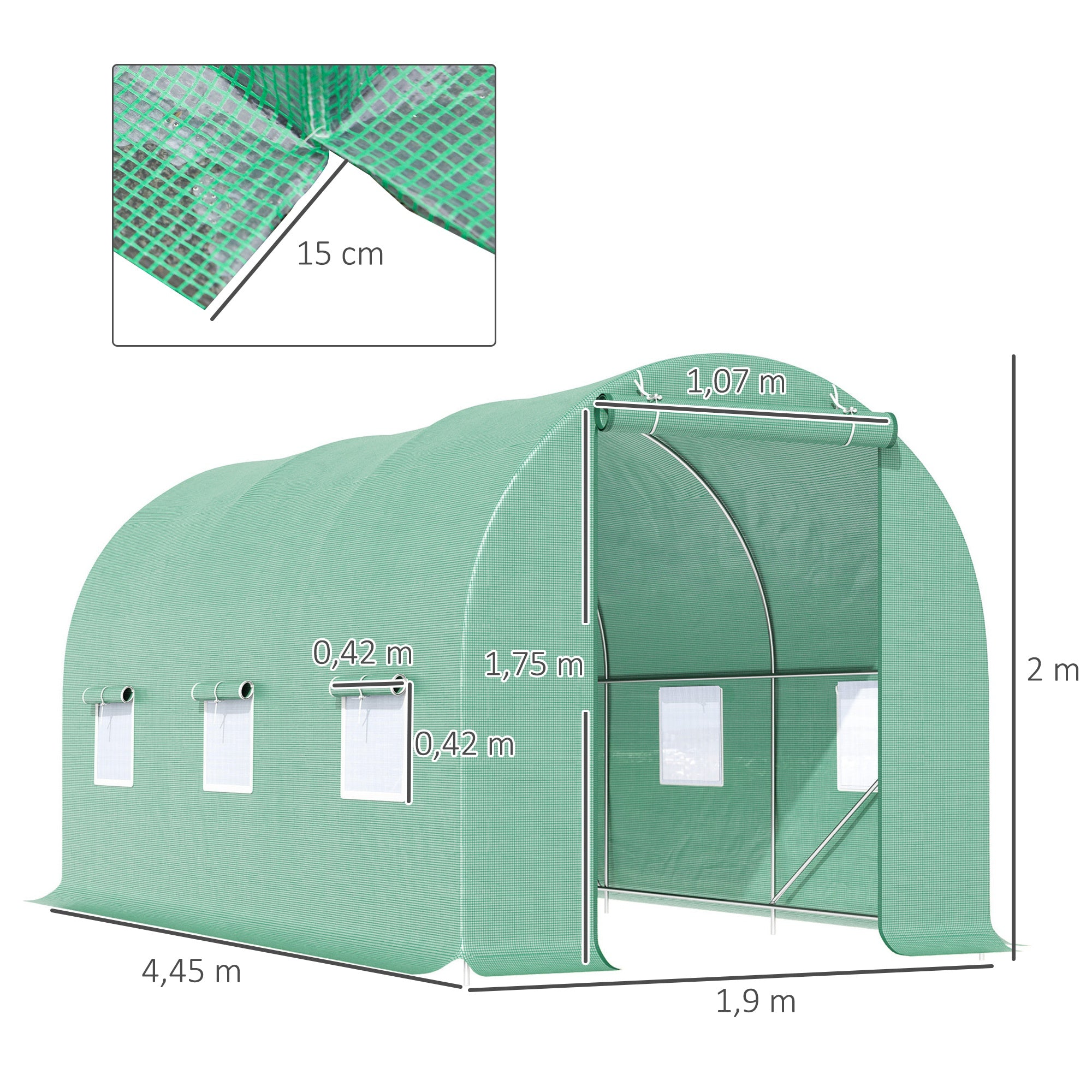 Greenhouse 445x190x200cm Foil Greenhouse Tomato House with Door, 6 Windows, Galvanized Steel Foil Tunnel, PE, Sturdy Greenhouse Plant Tunnel, Including Ground Anchors & Ropes, Green