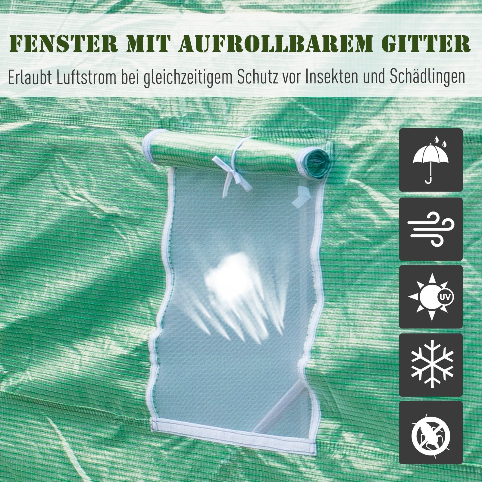 Greenhouse 445x190x200cm Foil Greenhouse Tomato House with Door, 6 Windows, Galvanized Steel Foil Tunnel, PE, Sturdy Greenhouse Plant Tunnel, Including Ground Anchors & Ropes, Green