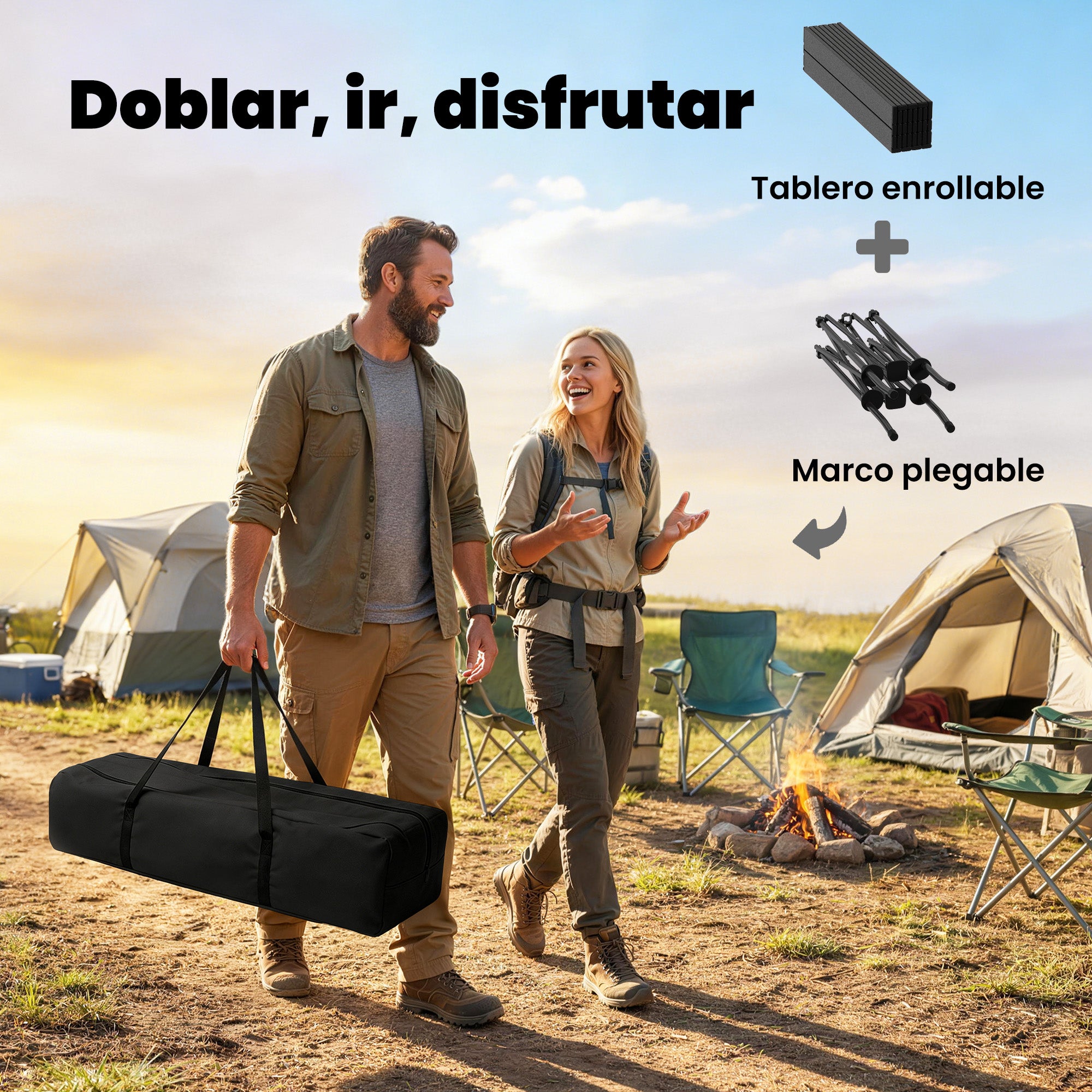 Foldable Camping Table, 36.6 x 21.7 x 26.8 in, Portable Roll-Up Aluminum Top with Storage Net, Metal Frame, Carry Bag, Black