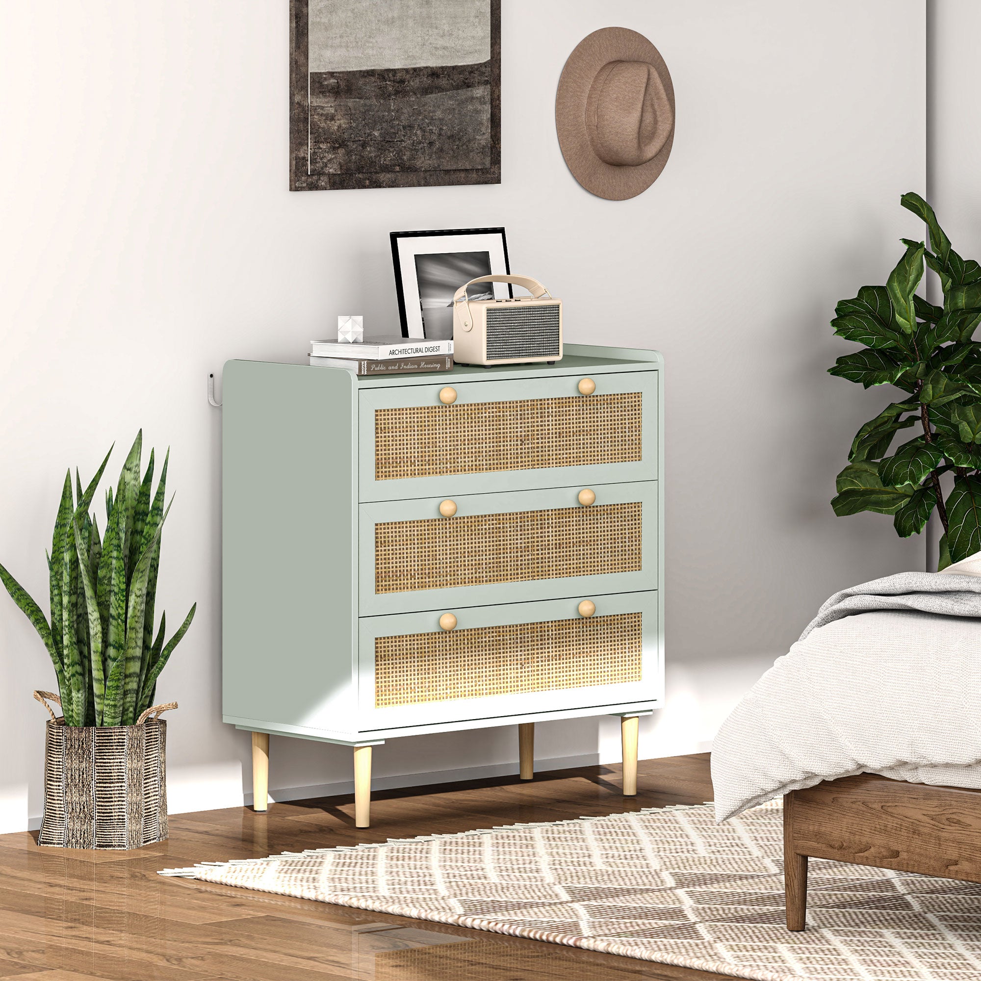 Chest of Drawers Sideboard with 3 Drawers Worktop Shelf Cabinet Storage Cabinet in Boho Style Drawer Cabinet for Living Room Bedroom Hallway 80 x 40 x 87.5 cm Green