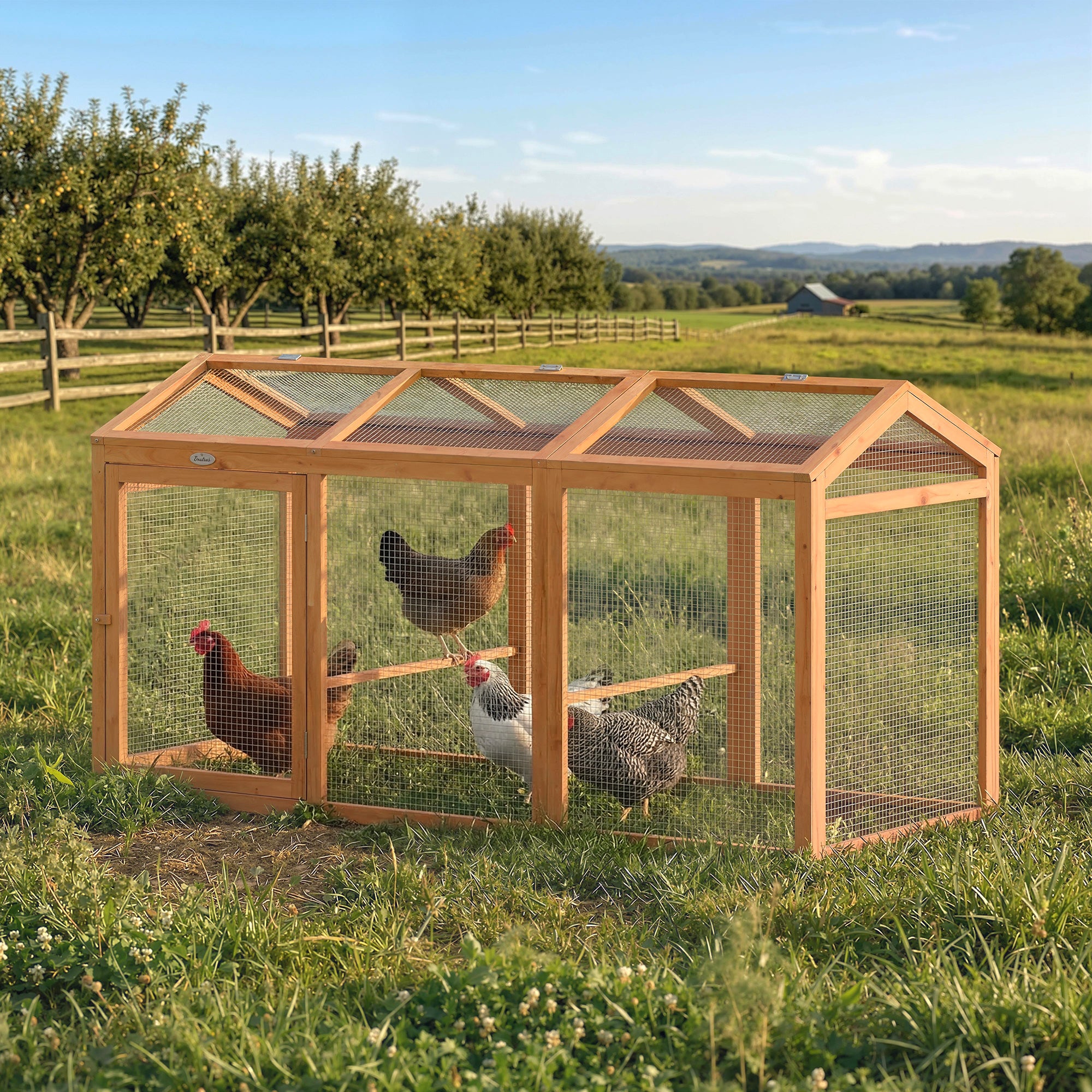Chicken Coop 156 x 70.5 x 84 cm Run with Roost, Double Doors, Wood & Metal Enclosure, Outdoor Run for 4 Chickens, Orange