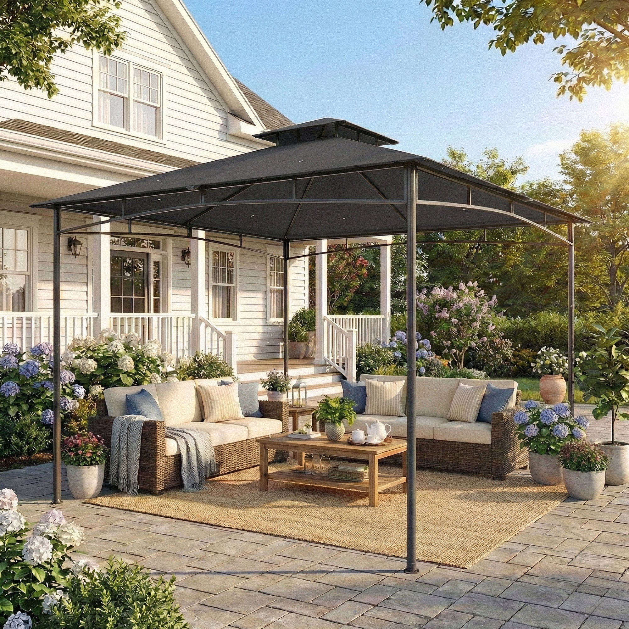 3 x 3 m Waterproof Garden Gazebo — Double Roof, Retractable Top Frame, UPF 50+, Powder-Coated Metal, Dark Gray