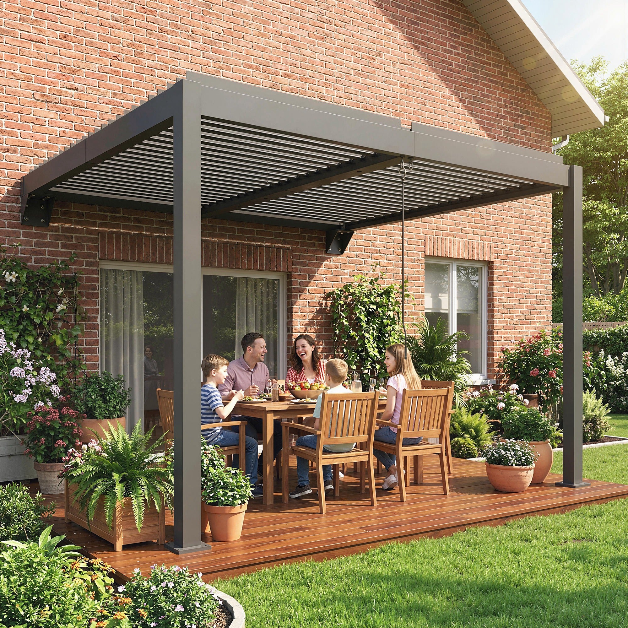 Approx. 3 x 3 m Aluminum Wall-Mounted Louvered Pergola — Adjustable Slatted Roof, Weatherproof, Stable Patio Canopy, Garden Pavilion, Dark Gray