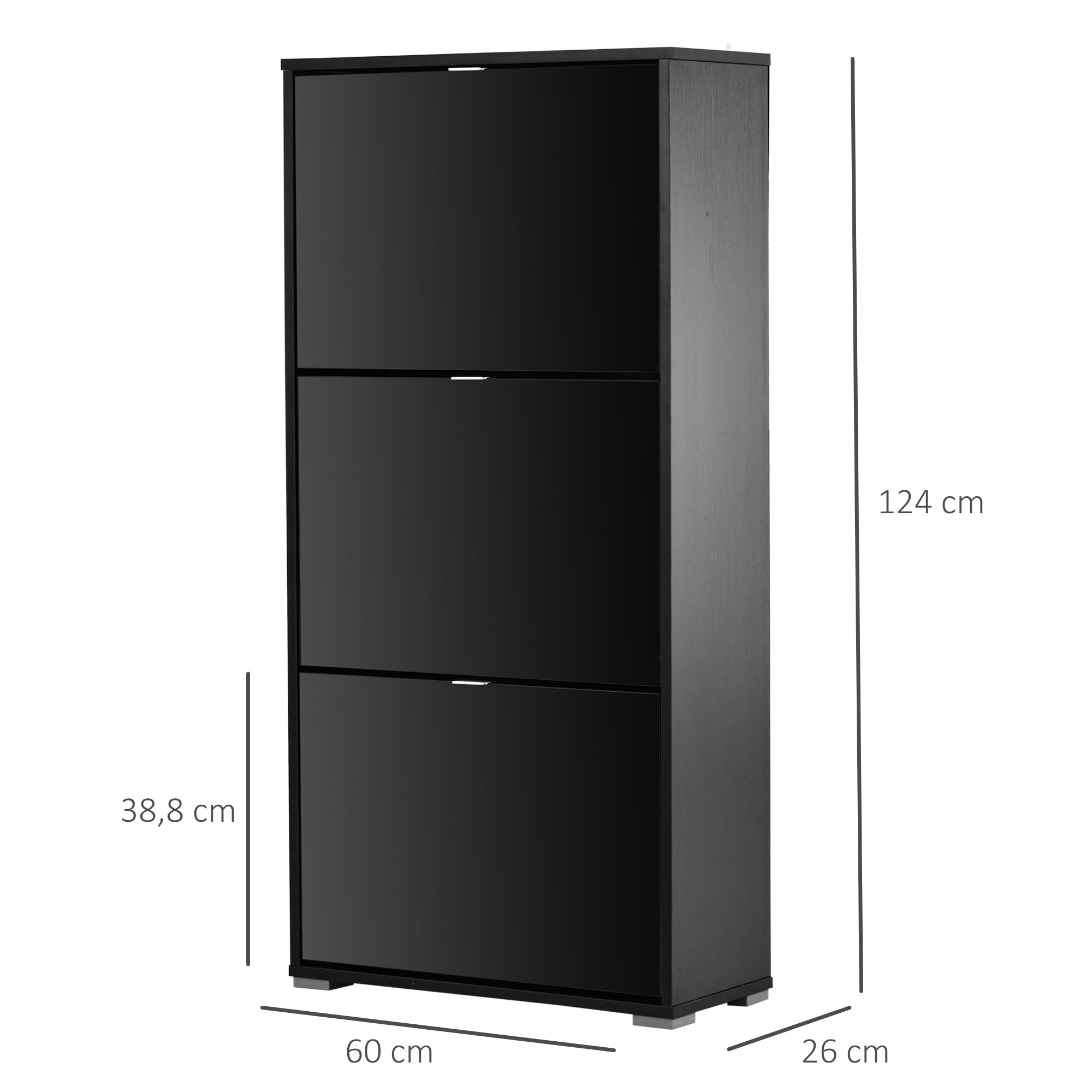Shoe Cabinet Shoe Rack 3 Folding Doors 3 Compartments in Wood 60L x 26W x 124H cm Glossy Black