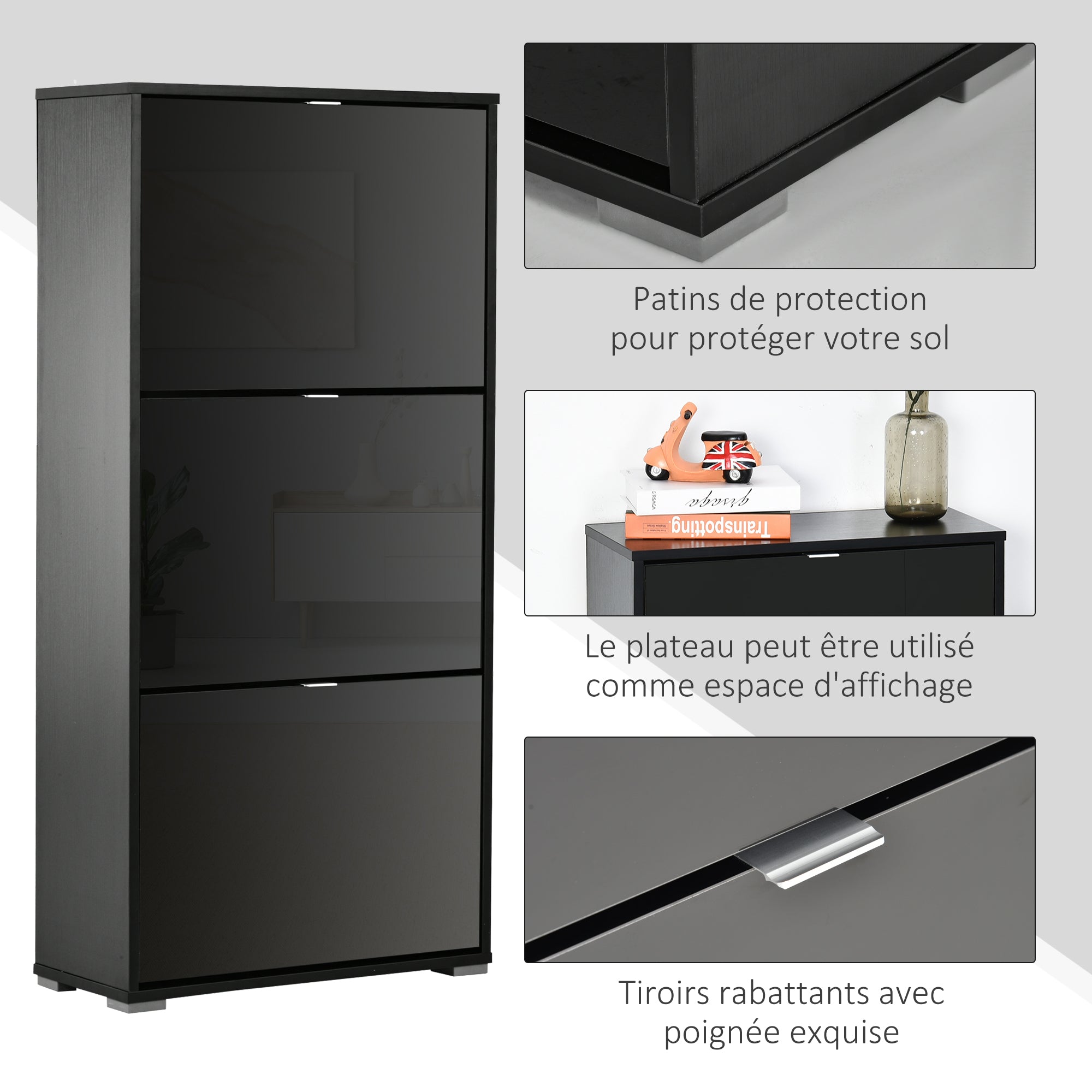 Shoe Cabinet Shoe Rack 3 Folding Doors 3 Compartments in Wood 60L x 26W x 124H cm Glossy Black
