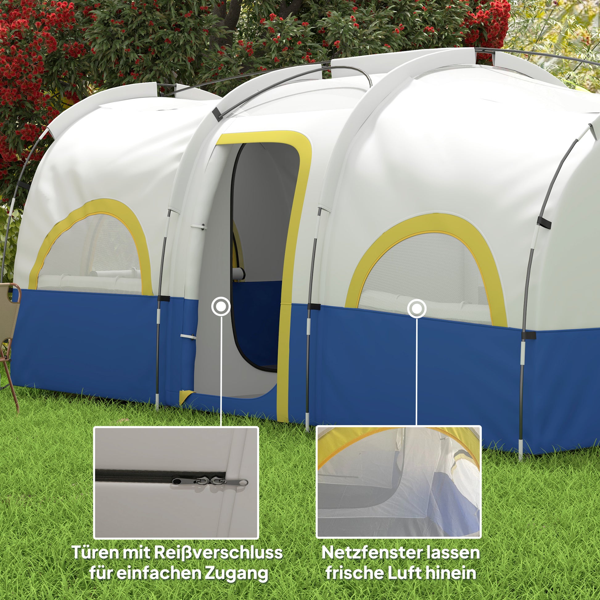 Tunnel Tent, Camping Tent for 6 People with 3 Rooms, UV Protection, Mesh Windows, Windproof Family Tent with Carry Bag, 3000mm Water Resistant Group Tent for Garden, Camping, Blue