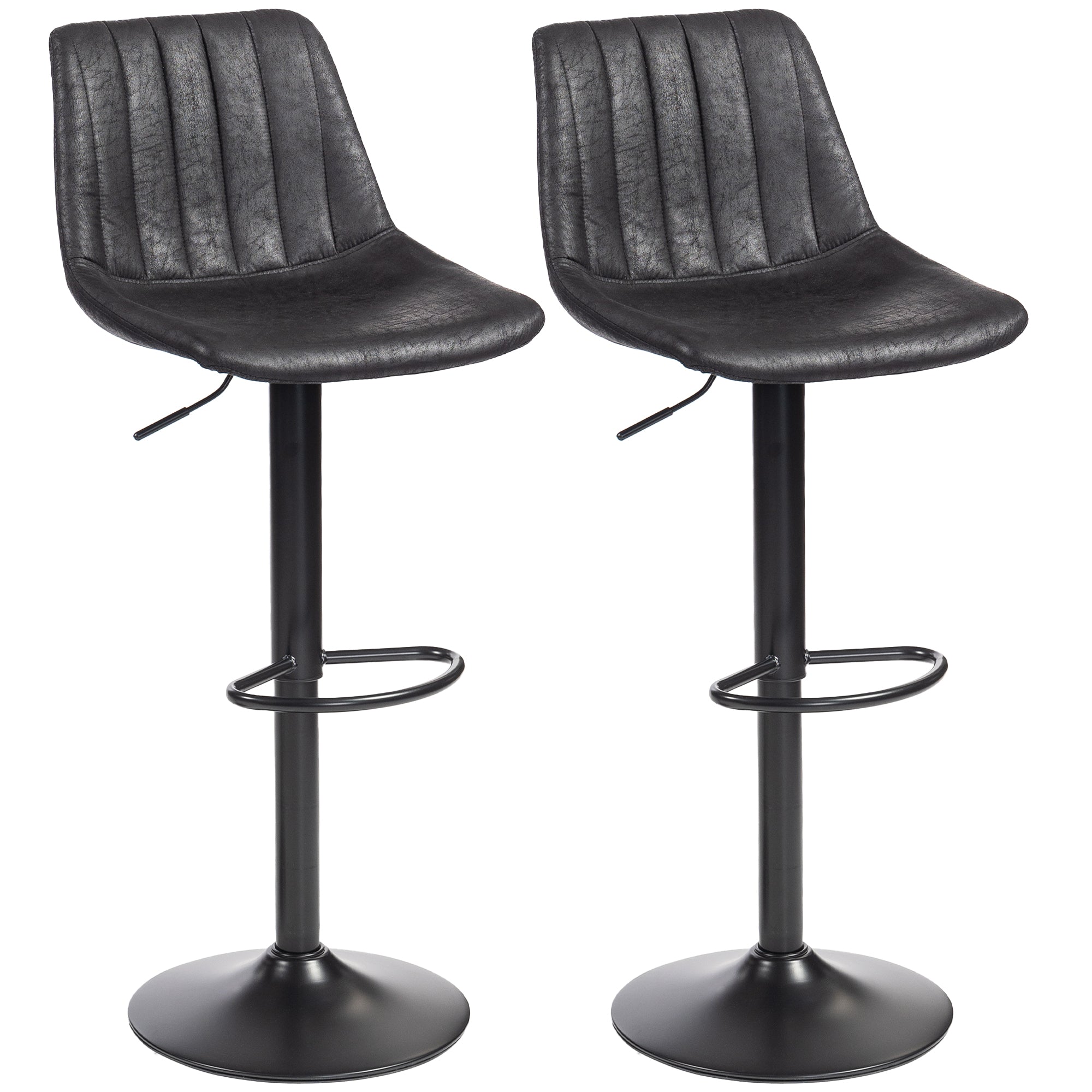 Bar Stools 2-Pack, Padded Metal Frame Bar Chairs with Backrest, Height-Adjustable Kitchen Stools with Footrest, 360° Swivel, Counter Stools for Kitchen, Living Room, Dining Room, Microfiber Black