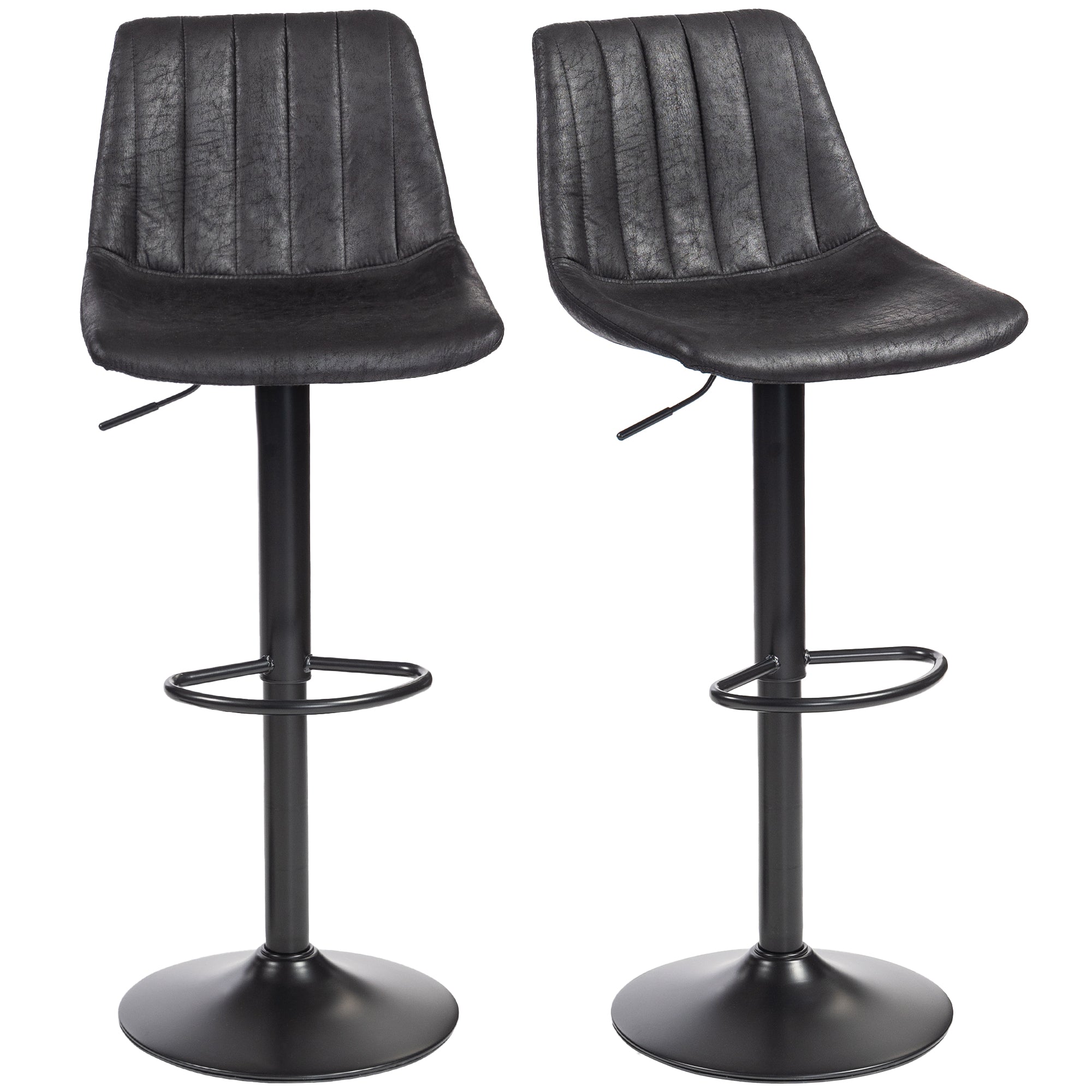 Bar Stools 2-Pack, Padded Metal Frame Bar Chairs with Backrest, Height-Adjustable Kitchen Stools with Footrest, 360° Swivel, Counter Stools for Kitchen, Living Room, Dining Room, Microfiber Black