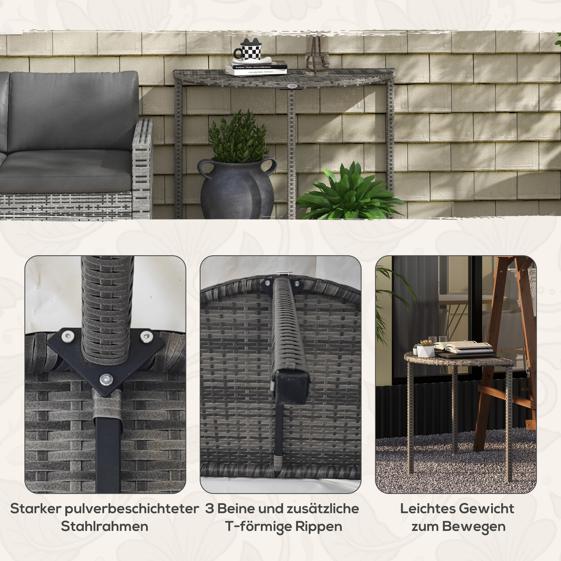 Balcony Table Garden Side Table Table Outdoor Furniture semicircular Rattan Metal Grey 100 x 50 x 74 cm