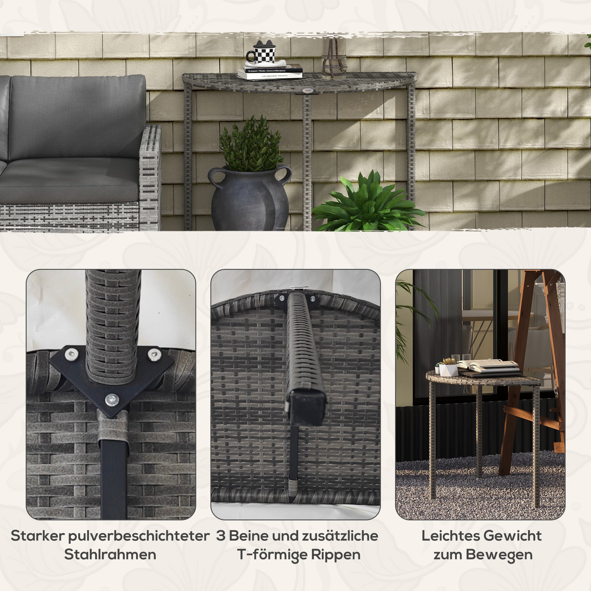 Balcony Table Garden Side Table Table Outdoor Furniture semicircular Rattan Metal Grey 100 x 50 x 74 cm