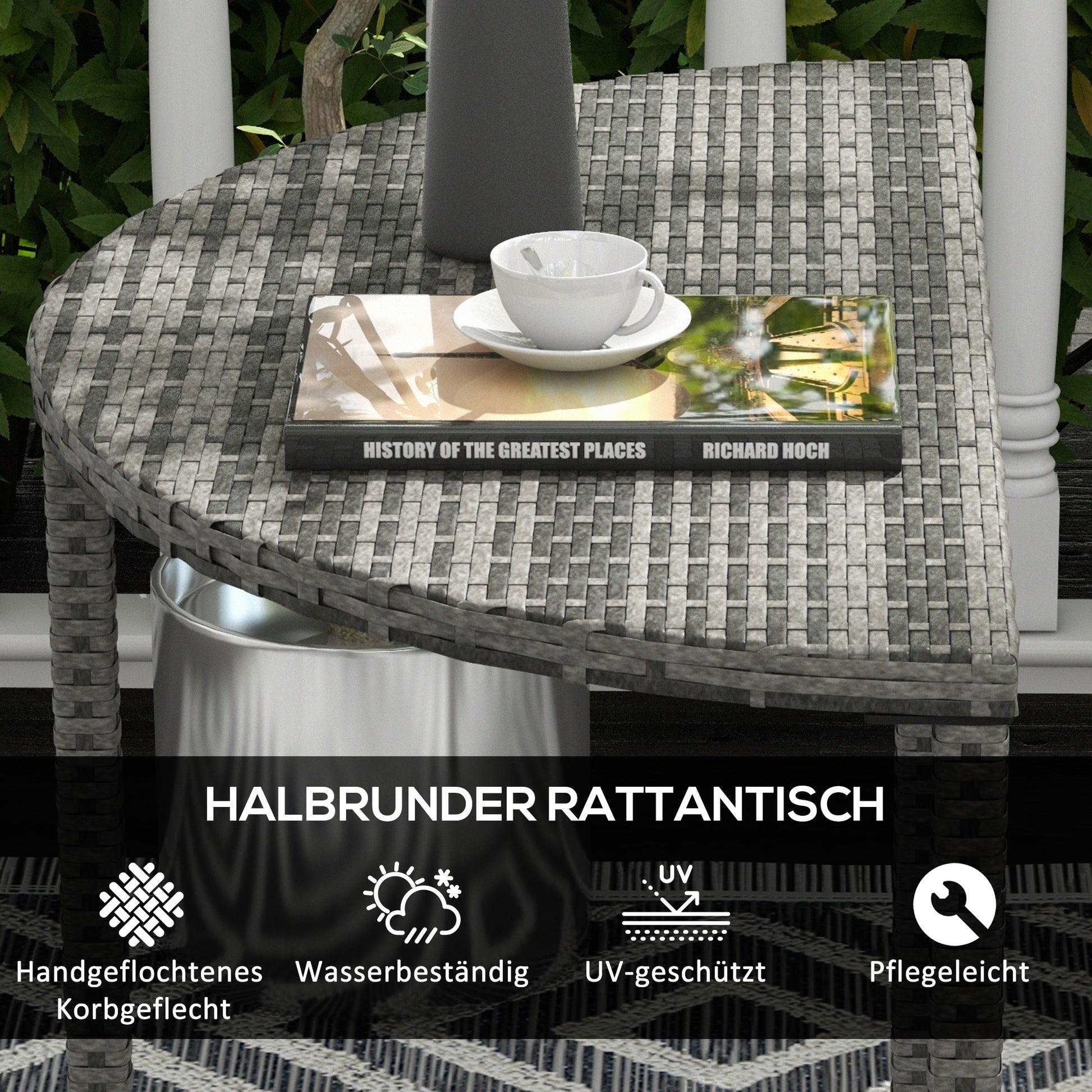 Balcony Table Garden Side Table Table Outdoor Furniture semicircular Rattan Metal Grey 100 x 50 x 74 cm