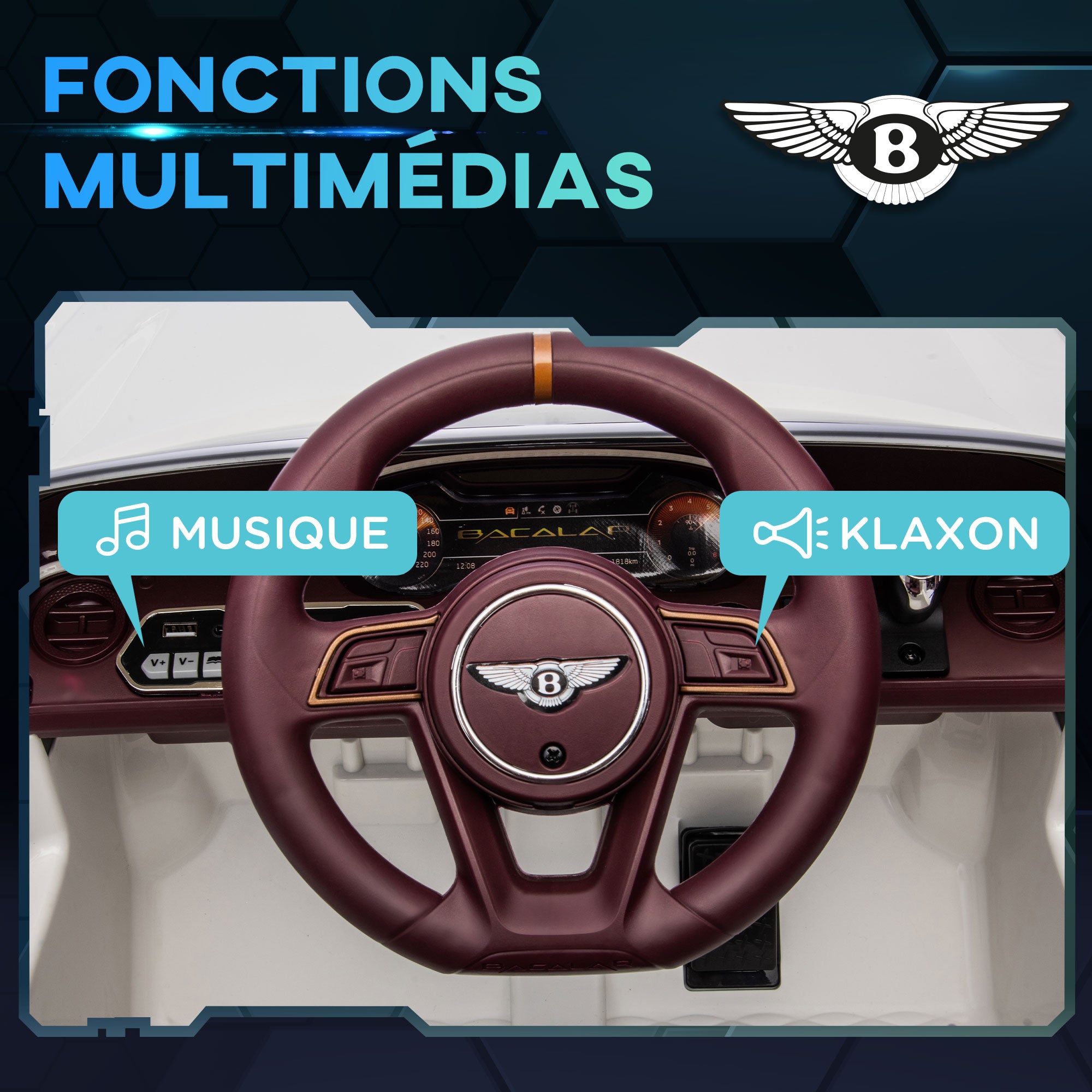 Kids Electric Car - - Bentley Bacalar - 2 motors 12V 25W - 2.4G remote control - MP3 - horn - 2 headlights - white