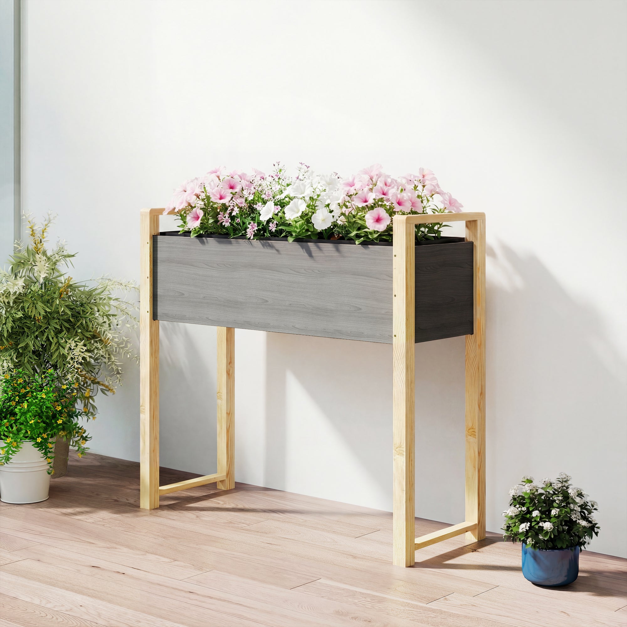 Raised Garden Bed, Solid Wood Planter Box, Cold Frame & Flower Planter, 98 x 37 x 90 cm for Garden & Terrace, Gray & Natural Wood