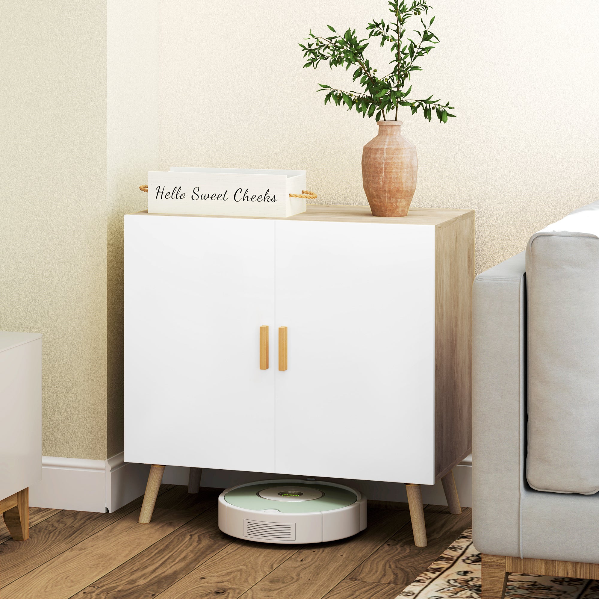 Buffet, storage cabinet, with bamboo handles, adjustable shelf, raised base, for living room kitchen dining room, 76 x 41.2 x 74 cm white and natural wood