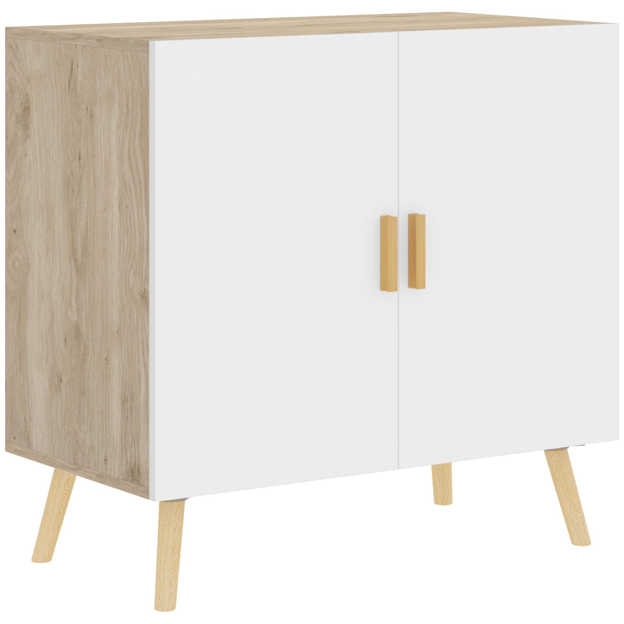 Buffet, storage cabinet, with bamboo handles, adjustable shelf, raised base, for living room kitchen dining room, 76 x 41.2 x 74 cm white and natural wood