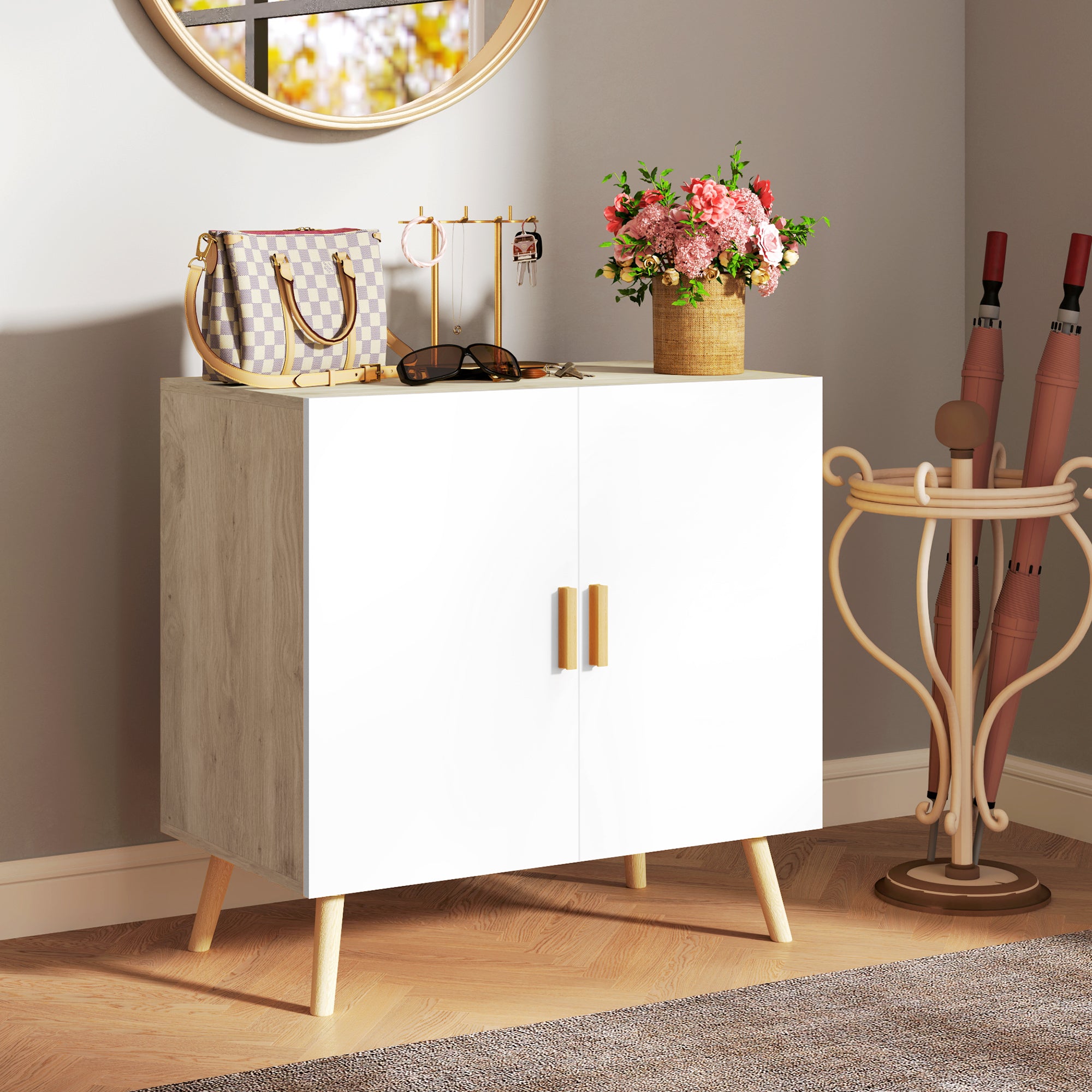 Buffet, storage cabinet, with bamboo handles, adjustable shelf, raised base, for living room kitchen dining room, 76 x 41.2 x 74 cm white and natural wood