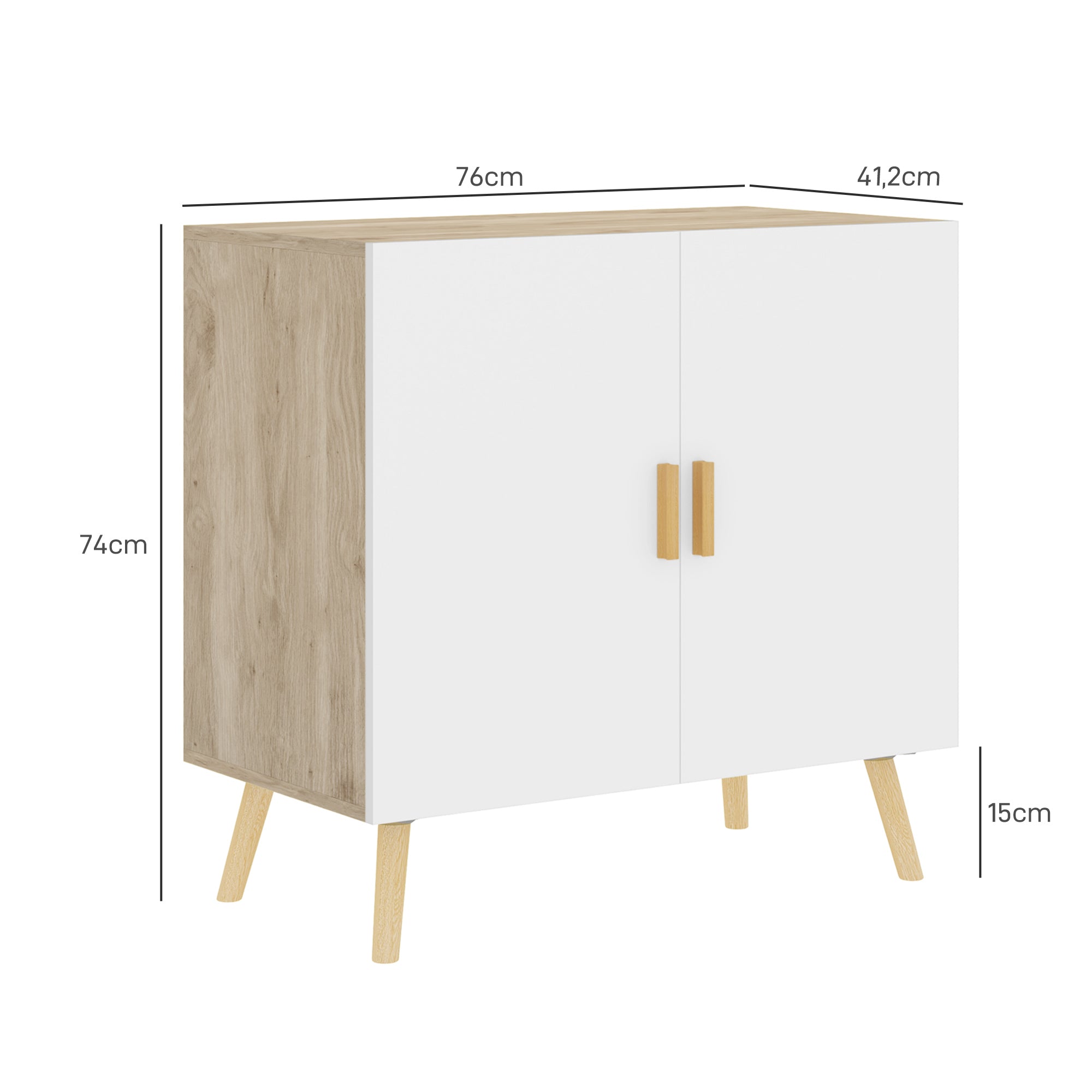 Buffet, storage cabinet, with bamboo handles, adjustable shelf, raised base, for living room kitchen dining room, 76 x 41.2 x 74 cm white and natural wood