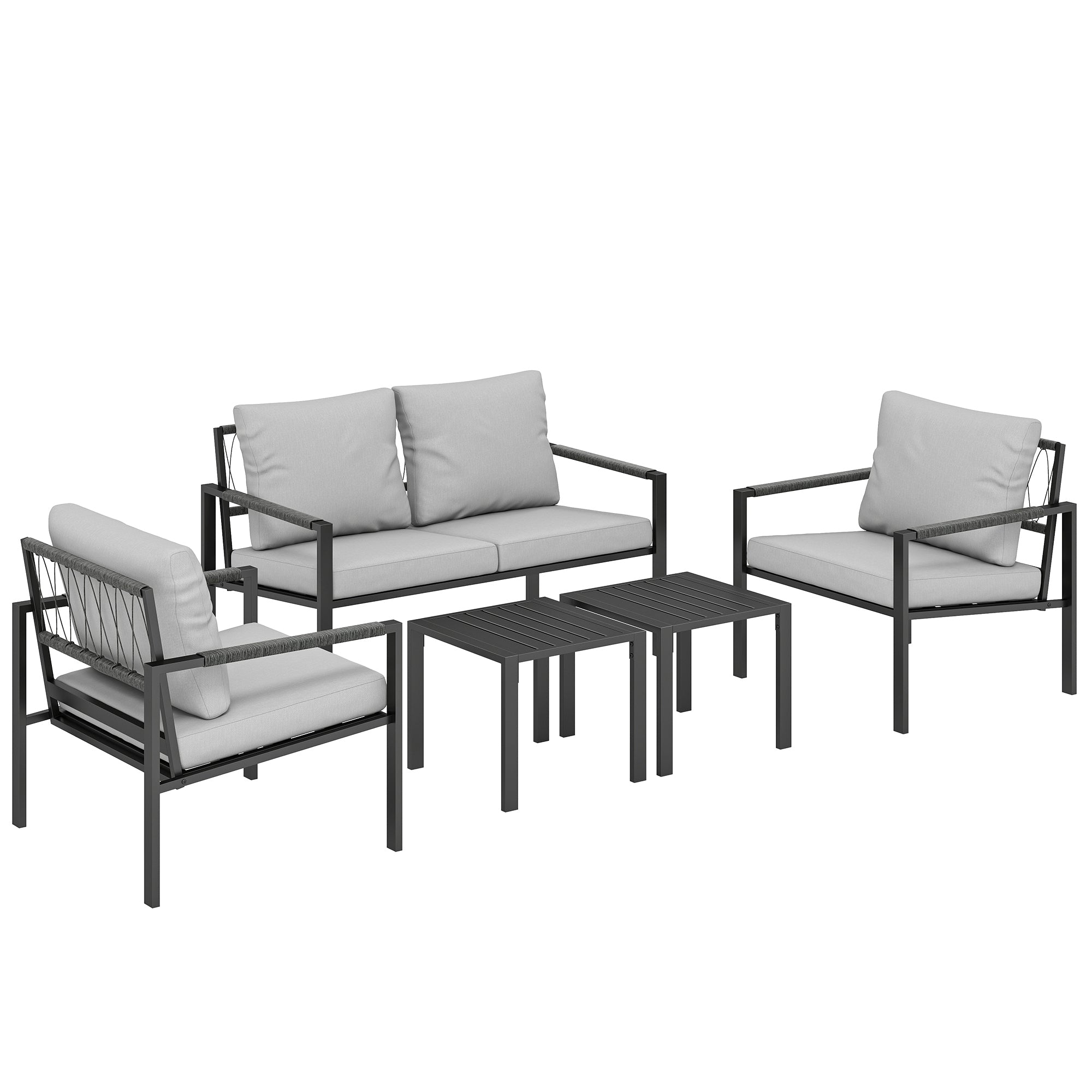 5-Piece Weather-Resistant Patio Set for 4 — 2-Seater Sofa, 2 Armchairs with Cushions, 2 Side Tables, Light Gray