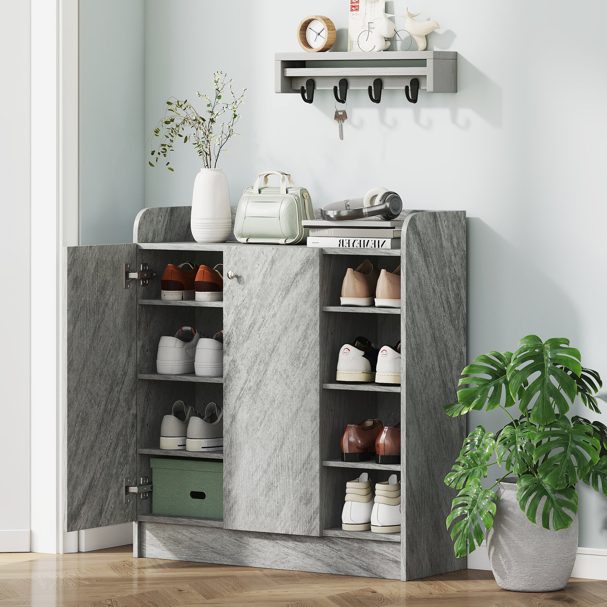Shoe Cabinet with 4 Compartments – Holds 12 Pairs, 83 x 30 x 90 cm (Gray)
