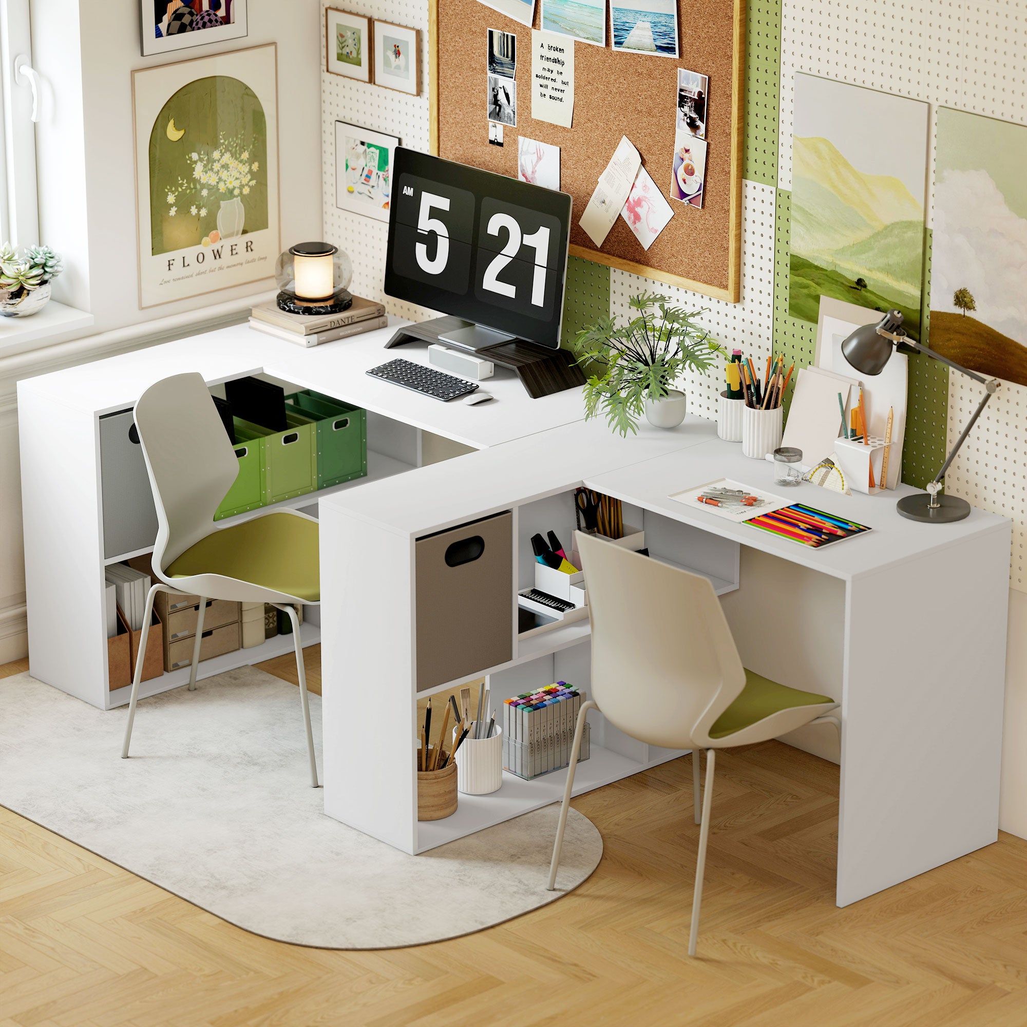 L-Shaped Corner Desk, 43.3 x 39.4 x 29.5 in — Computer Desk with Fabric Drawer & Open Shelves, White
