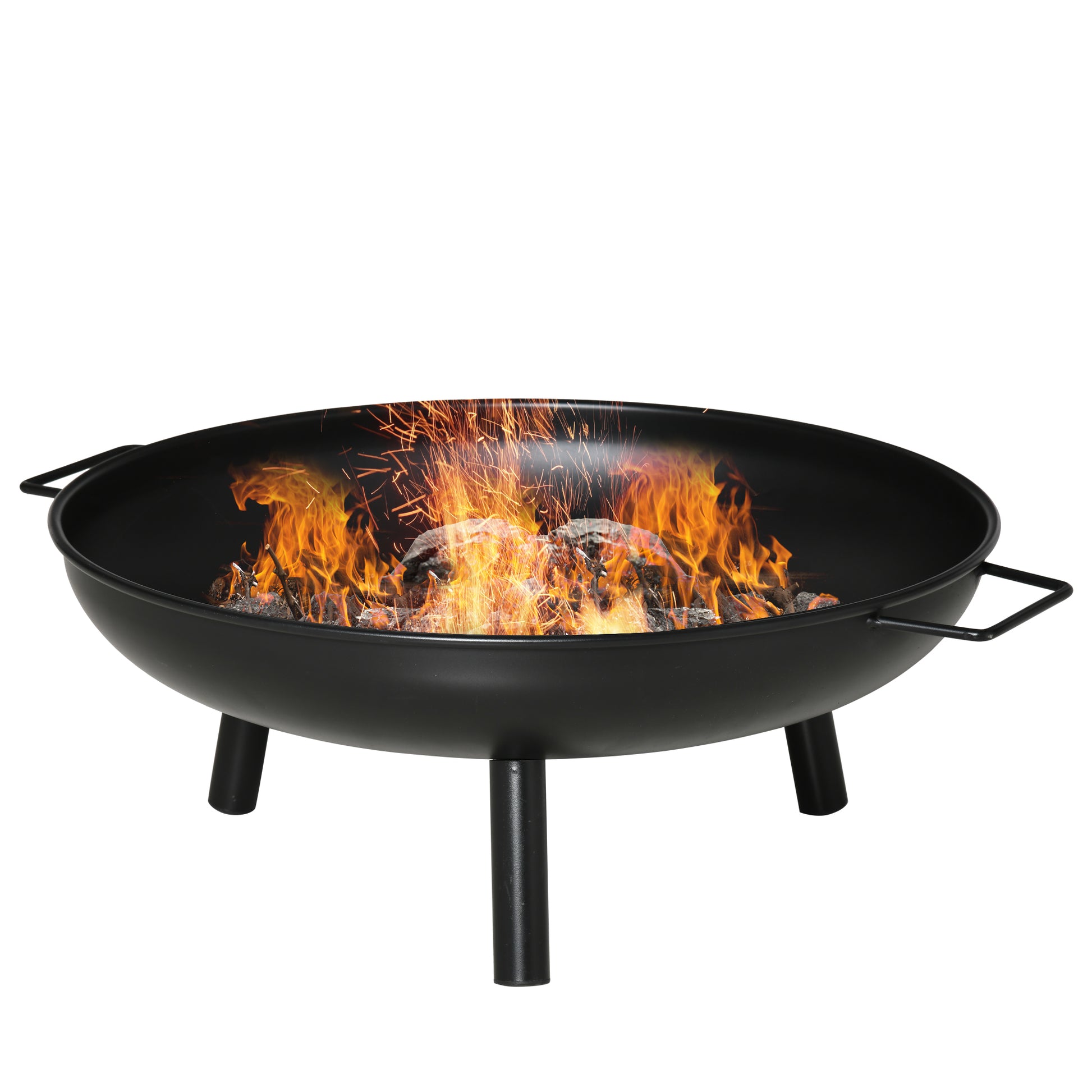 Outdoor Fire Bowl Ø58x23 cm Round Fire Pit with Transport Handles, 3 Feet, and Metal Frame for Bonfires Wood Terrace Garden Outdoor Black