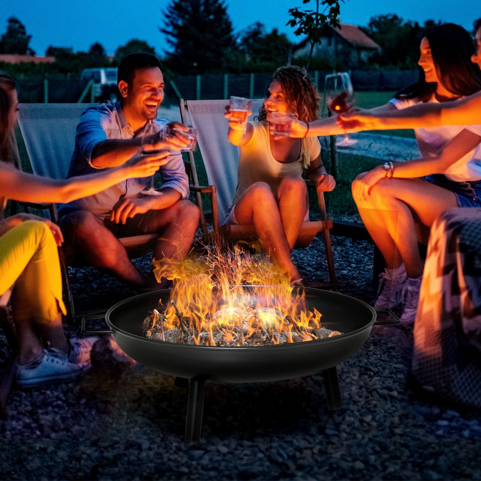 Outdoor Fire Bowl Ø58x23 cm Round Fire Pit with Transport Handles, 3 Feet, and Metal Frame for Bonfires Wood Terrace Garden Outdoor Black