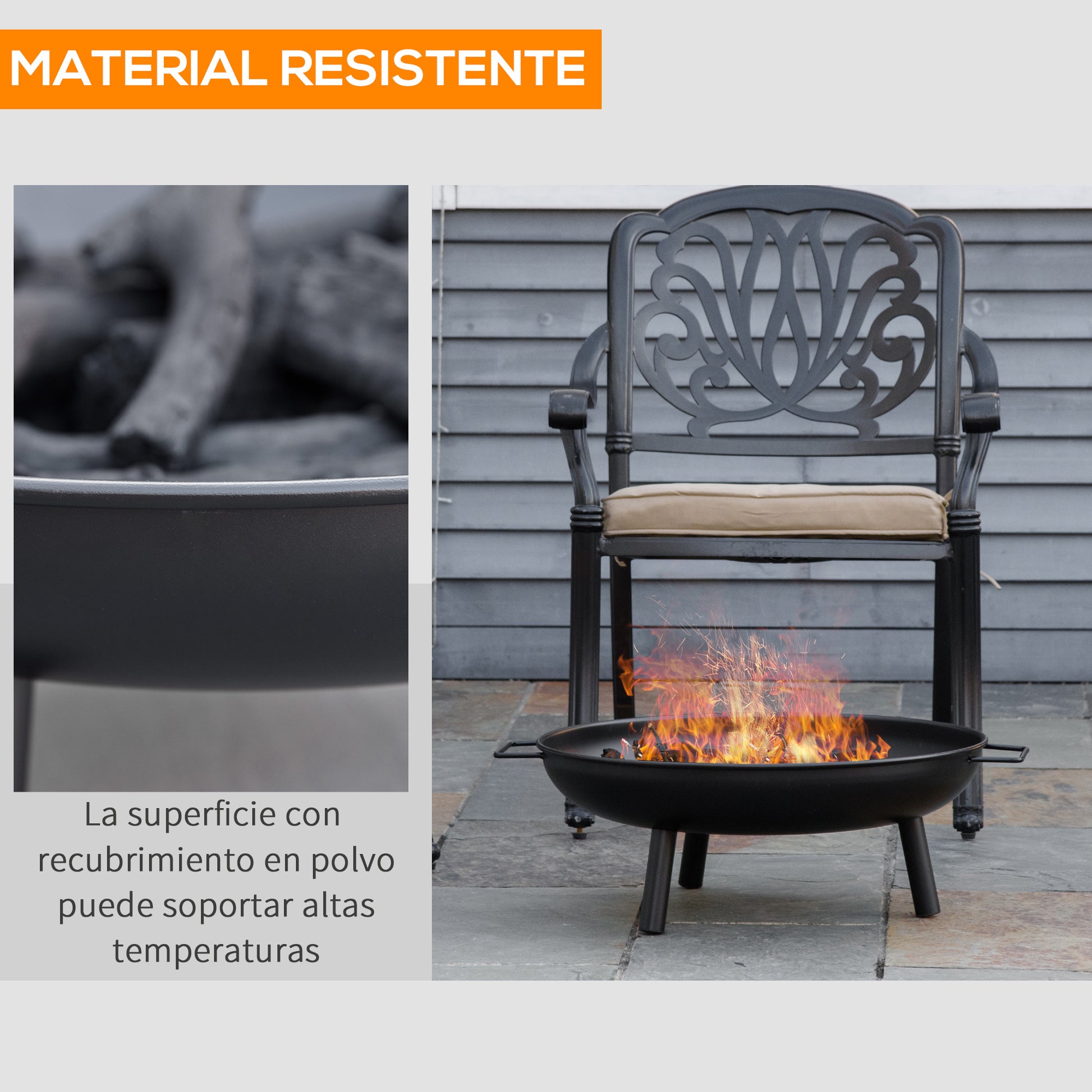 Outdoor Fire Bowl Ø58x23 cm Round Fire Pit with Transport Handles, 3 Feet, and Metal Frame for Bonfires Wood Terrace Garden Outdoor Black