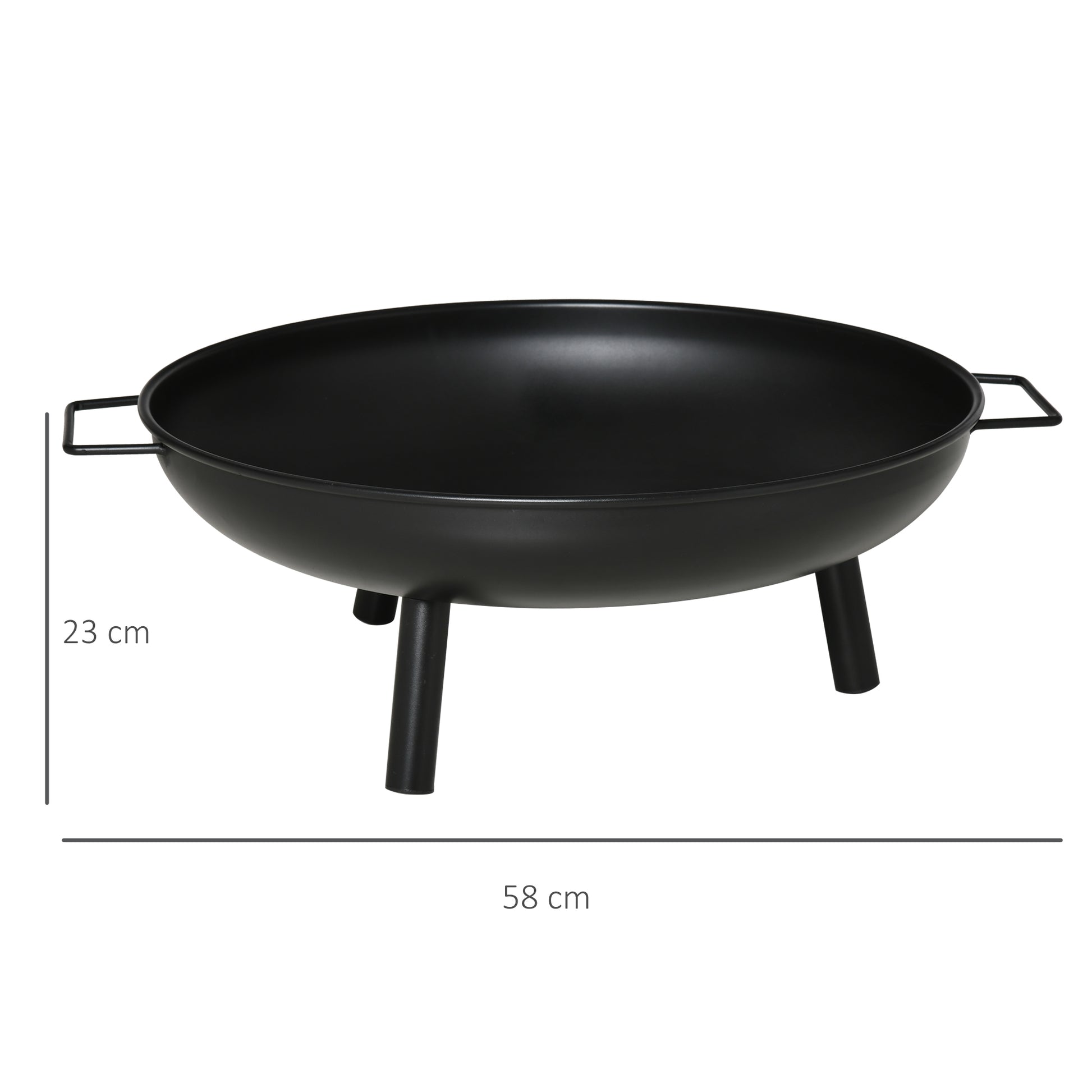Outdoor Fire Bowl Ø58x23 cm Round Fire Pit with Transport Handles, 3 Feet, and Metal Frame for Bonfires Wood Terrace Garden Outdoor Black