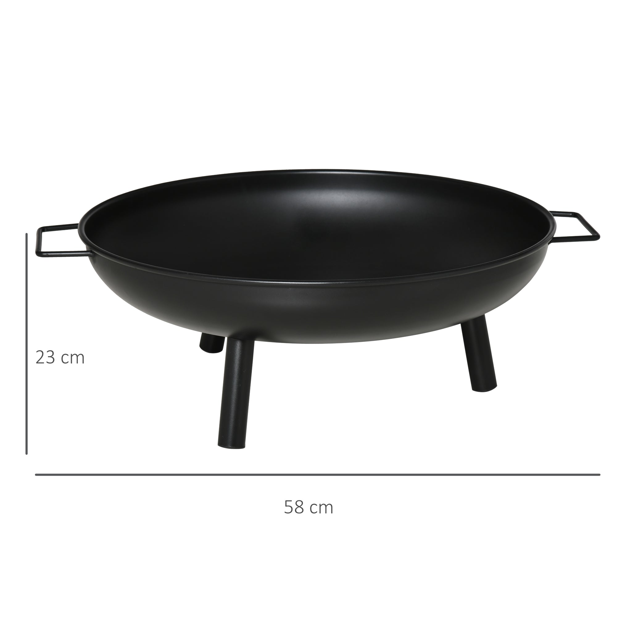 Outdoor Fire Bowl Ø58x23 cm Round Fire Pit with Transport Handles, 3 Feet, and Metal Frame for Bonfires Wood Terrace Garden Outdoor Black