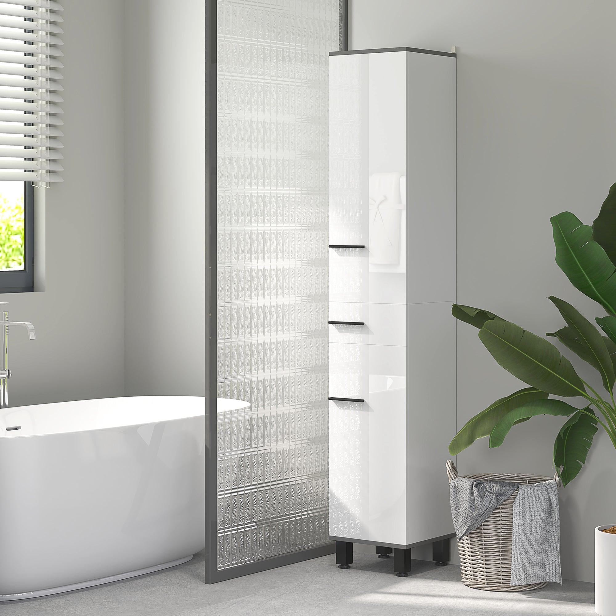 Modern Bathroom Column with Drawer, 2 Cabinets, Tall Space Saving Bathroom Cabinet with 2 Doors and Adjustable Shelves, Wooden Bathroom Cabinet, 34x32x190 cm, Glossy White