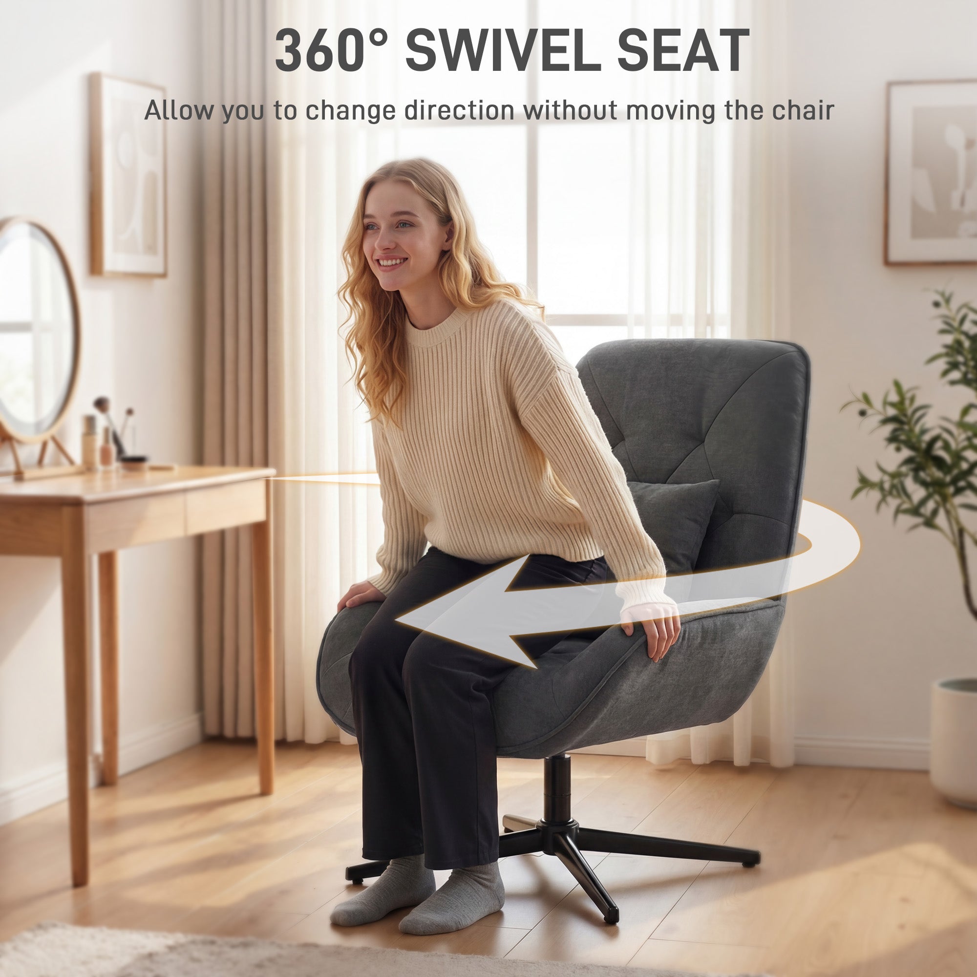 Swivel Chair with Lumbar Pillow, Chenille Upholstery, High Back, Steel Legs — Dark Gray