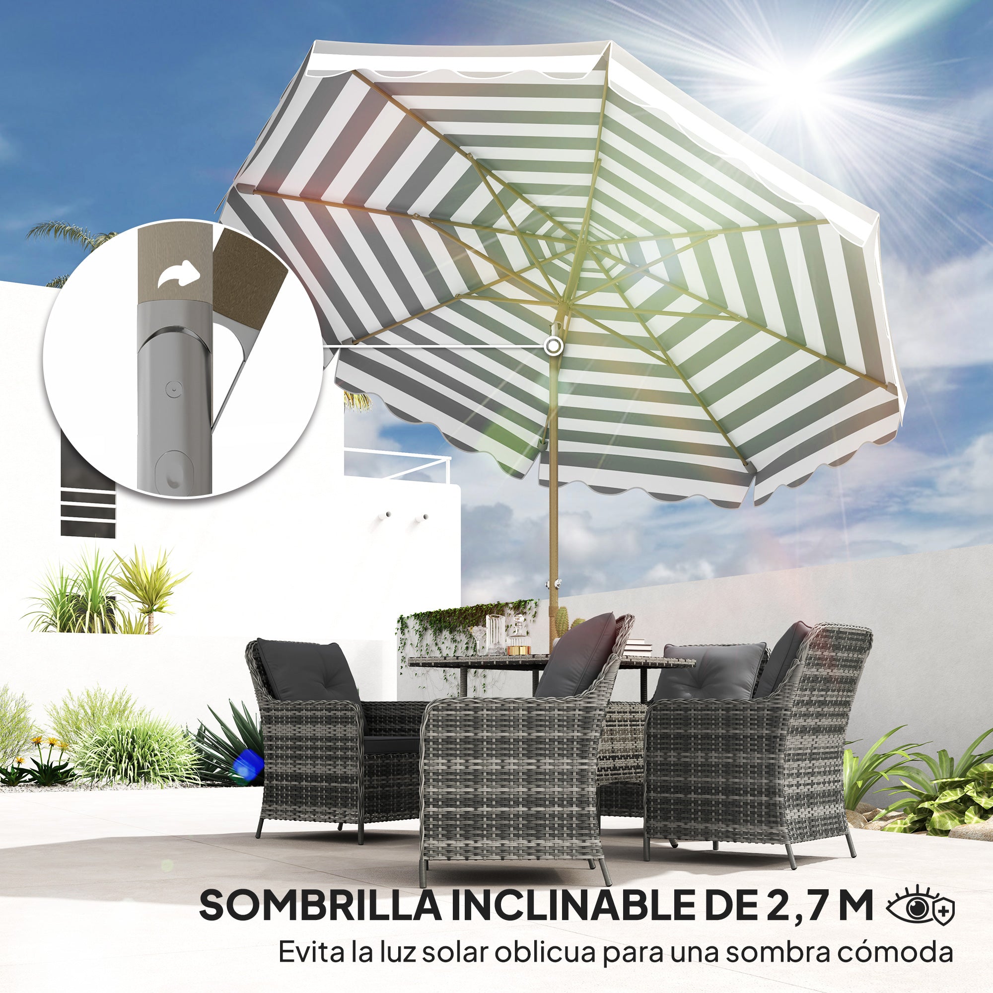Terrace Exterior Umbrella Ø268 cm Garden Umbrella with Tiltable Angle and Crank UV 50+ Protection Sunshade for Patio Terrace Gray and White