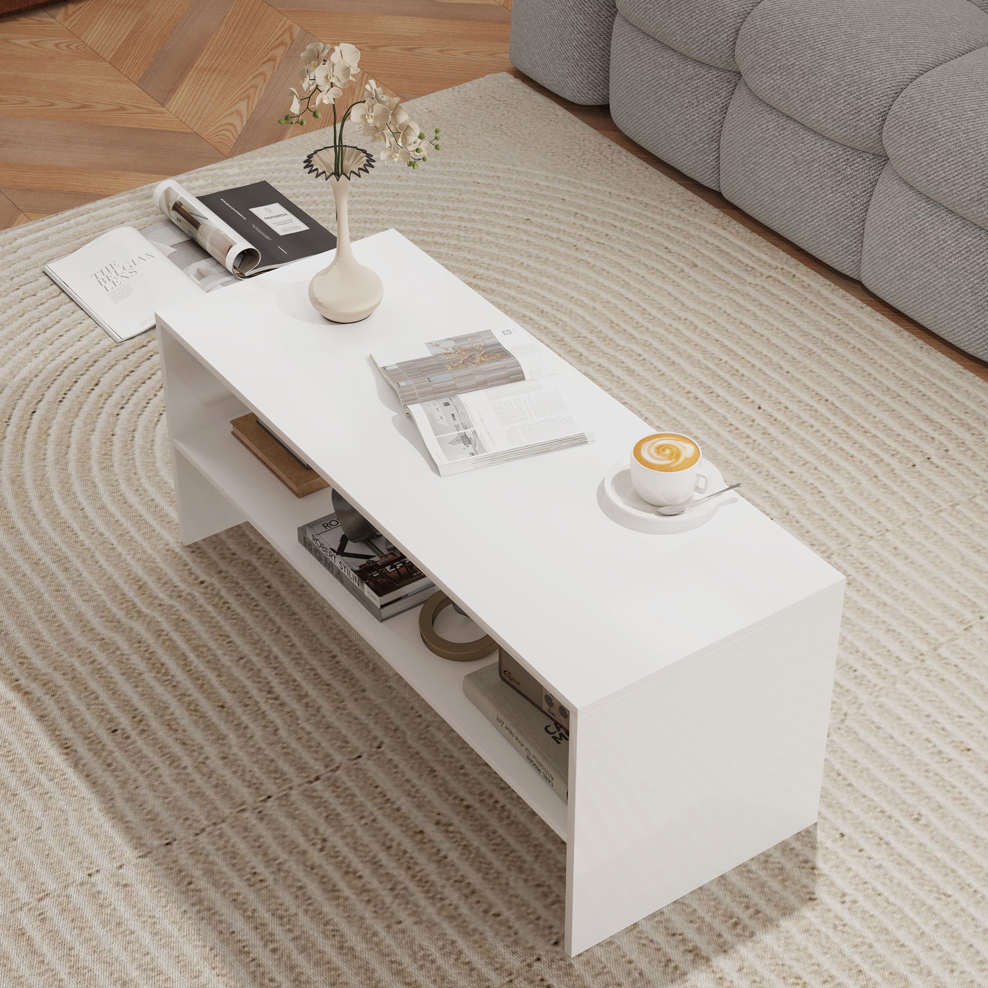 Coffee Table Side Table with Open Compartment Center Table for Living Room Dining Room 100x40x41.5 cm Glossy White