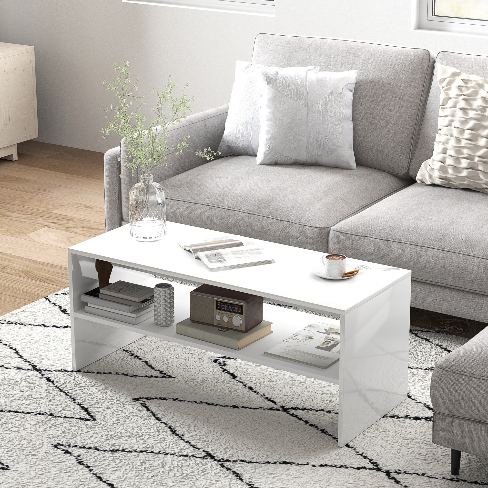 Coffee Table Side Table with Open Compartment Center Table for Living Room Dining Room 100x40x41.5 cm Glossy White