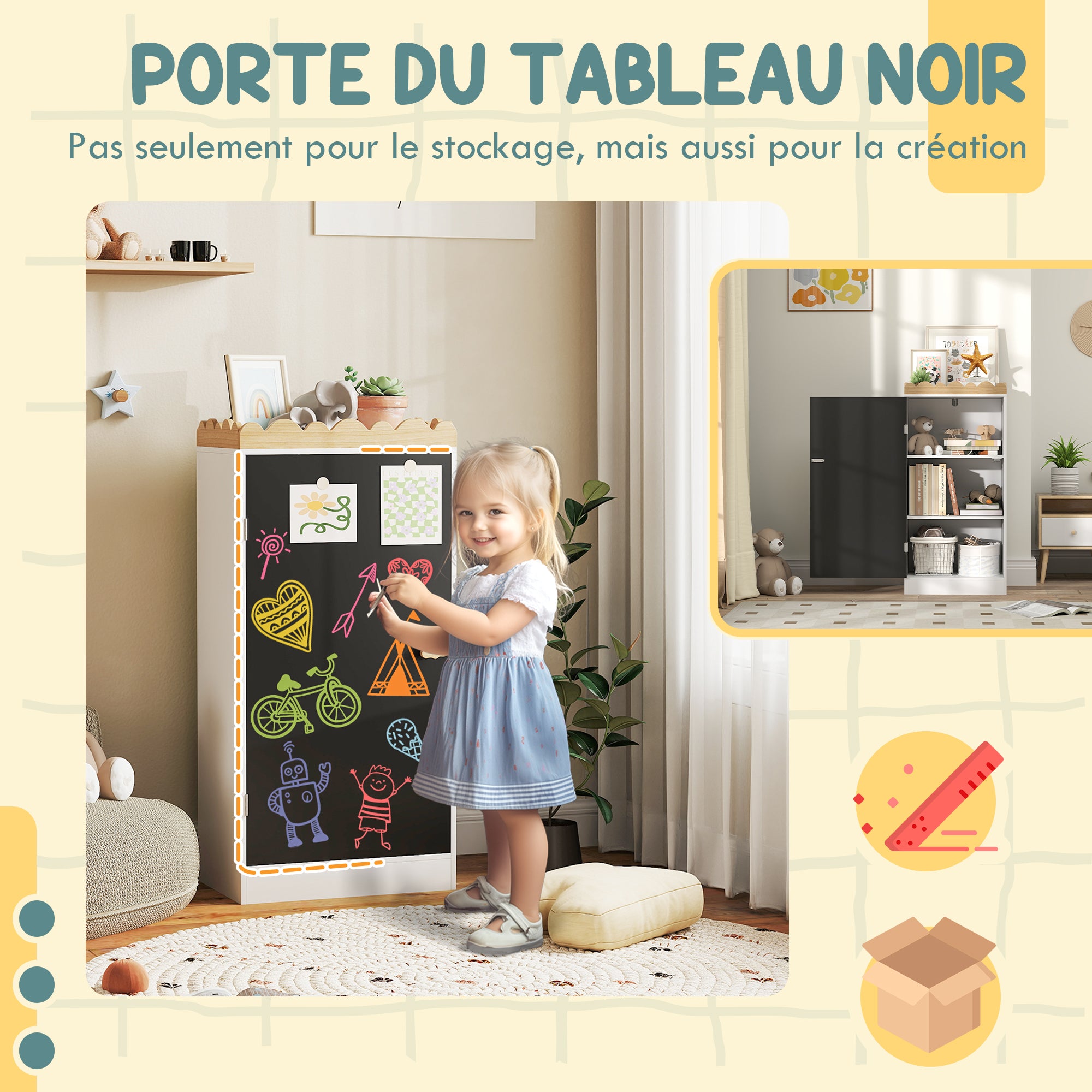 Kids Storage Cabinet, Children's Toy Storage, Wardrobe with Blackboard Door, 3 Compartments, and Top Shelf for Bedroom, Playroom, Nursery, White