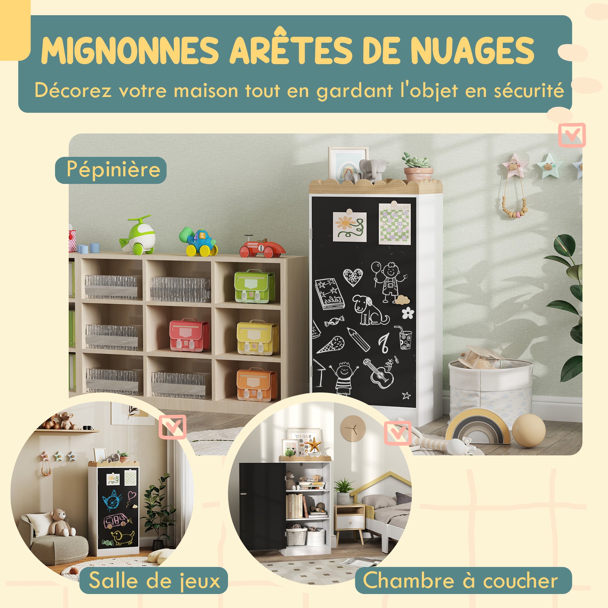 Kids Storage Cabinet, Children's Toy Storage, Wardrobe with Blackboard Door, 3 Compartments, and Top Shelf for Bedroom, Playroom, Nursery, White