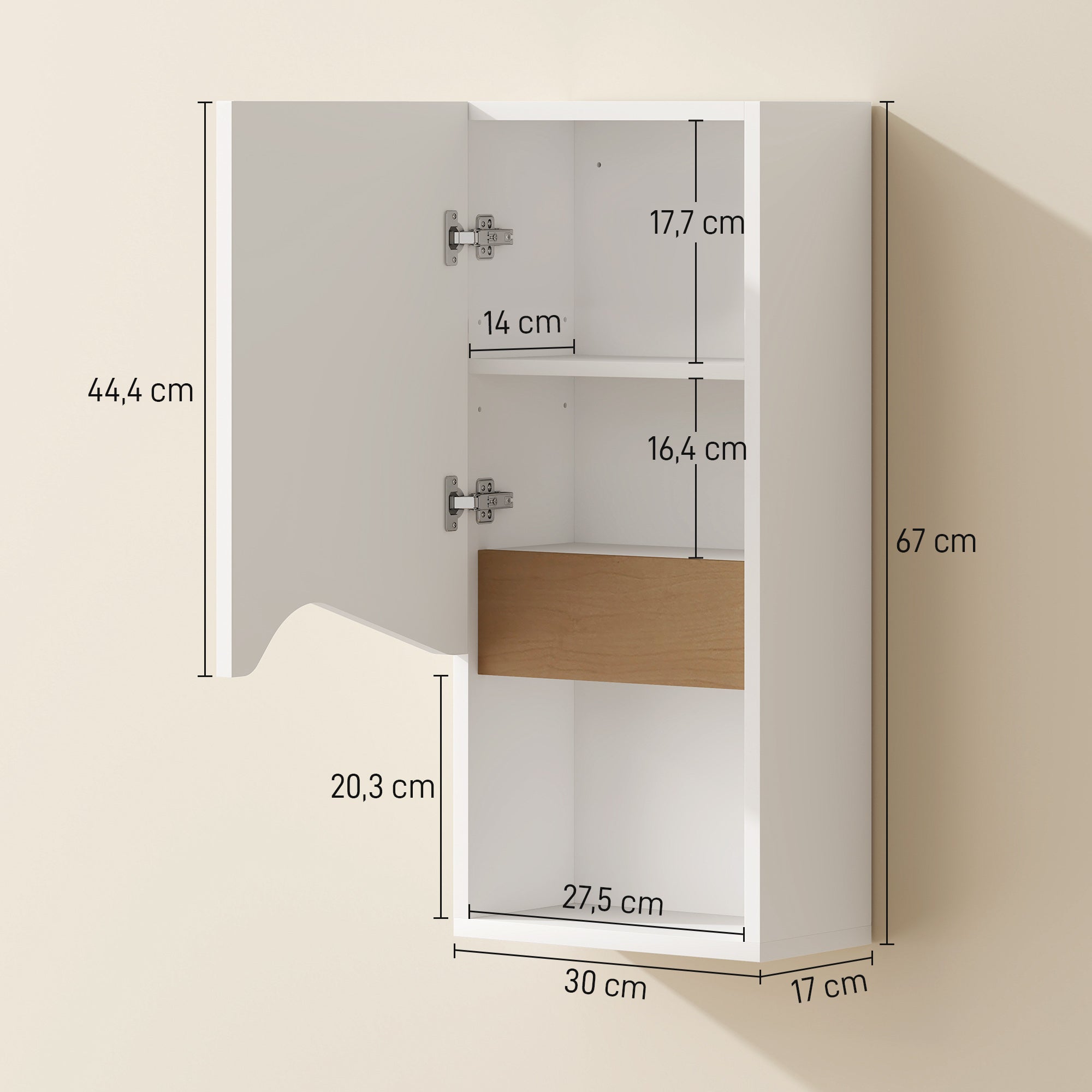 Wall-Mounted Bathroom Cabinet — Soft-Close Door, Adjustable Shelves & Open Compartment, 30 x 17 x 67 cm (11.8" x 6.7" x 26.4") — White
