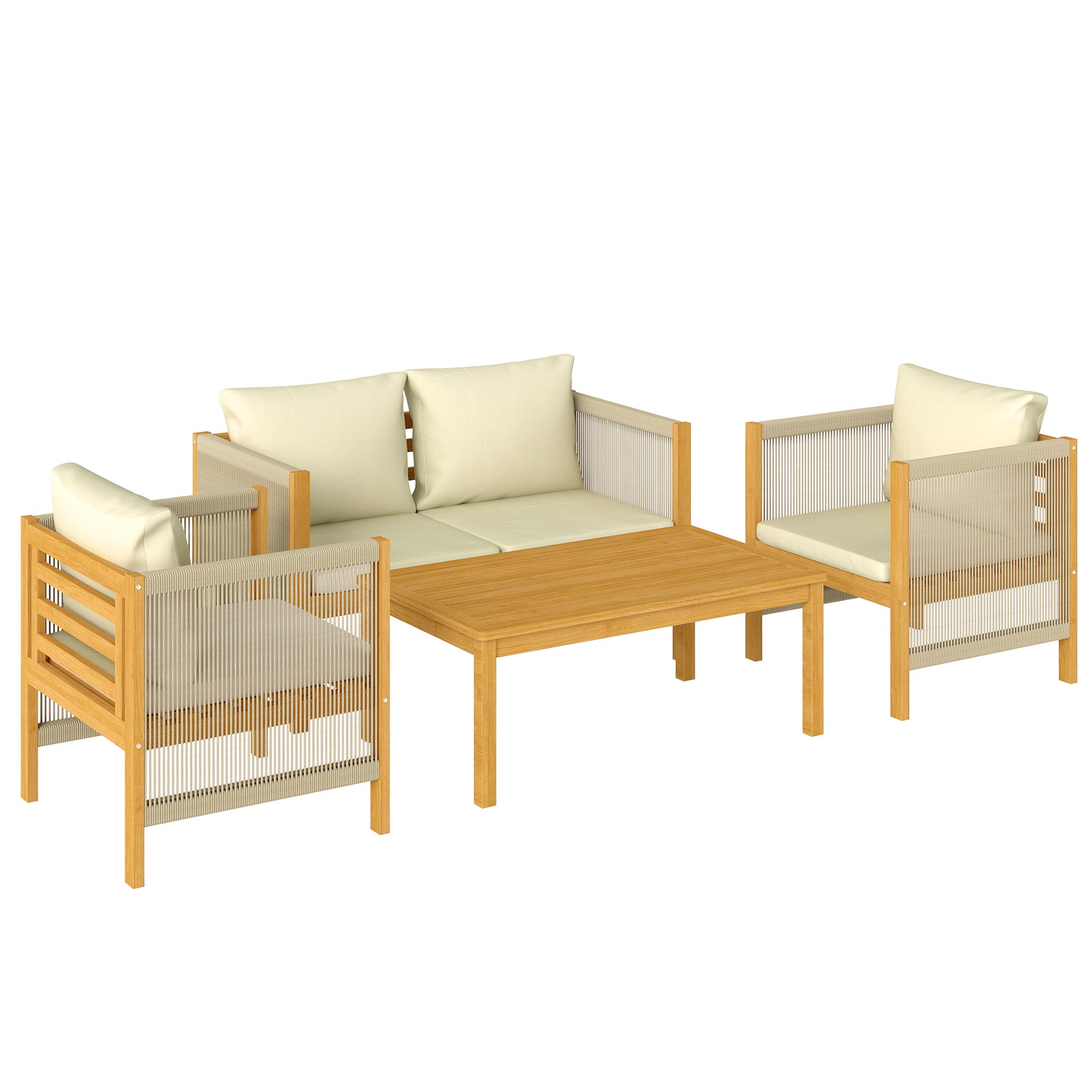 4-Piece Acacia Wood Outdoor Patio Set for 4 — 2-Seater Sofa, 2 Armchairs & Coffee Table, Rope-Weave Slat Design, Washable Cushions, Beige