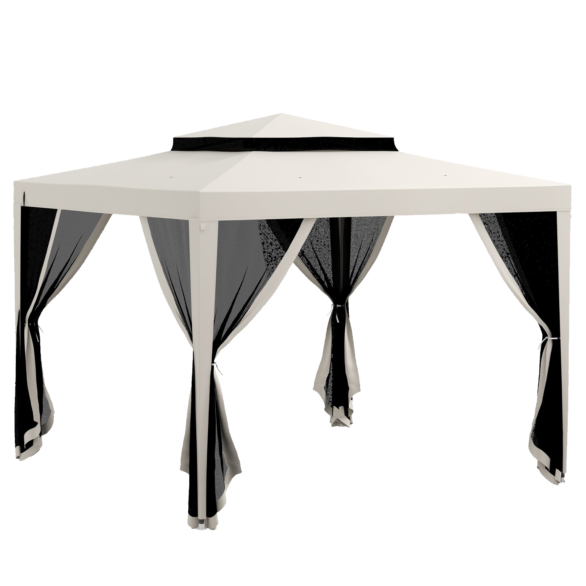 Garden Gazebo 3x3 m Detachable Outdoor Canopy with 4 Side Mosquito Net Curtains Double Roof and Anti-UV Waterproof Metal Frame Pavilion for Terrace Patio Cream