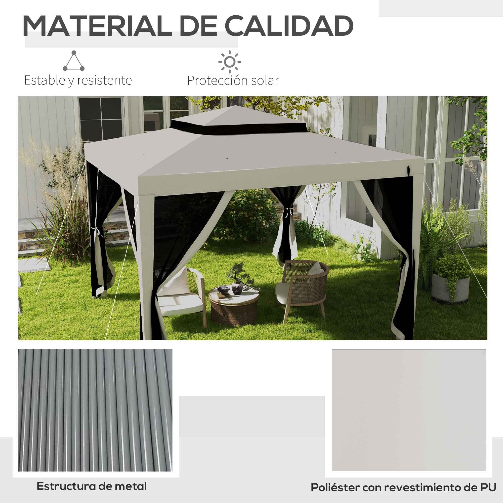Garden Gazebo 3x3 m Detachable Outdoor Canopy with 4 Side Mosquito Net Curtains Double Roof and Anti-UV Waterproof Metal Frame Pavilion for Terrace Patio Cream