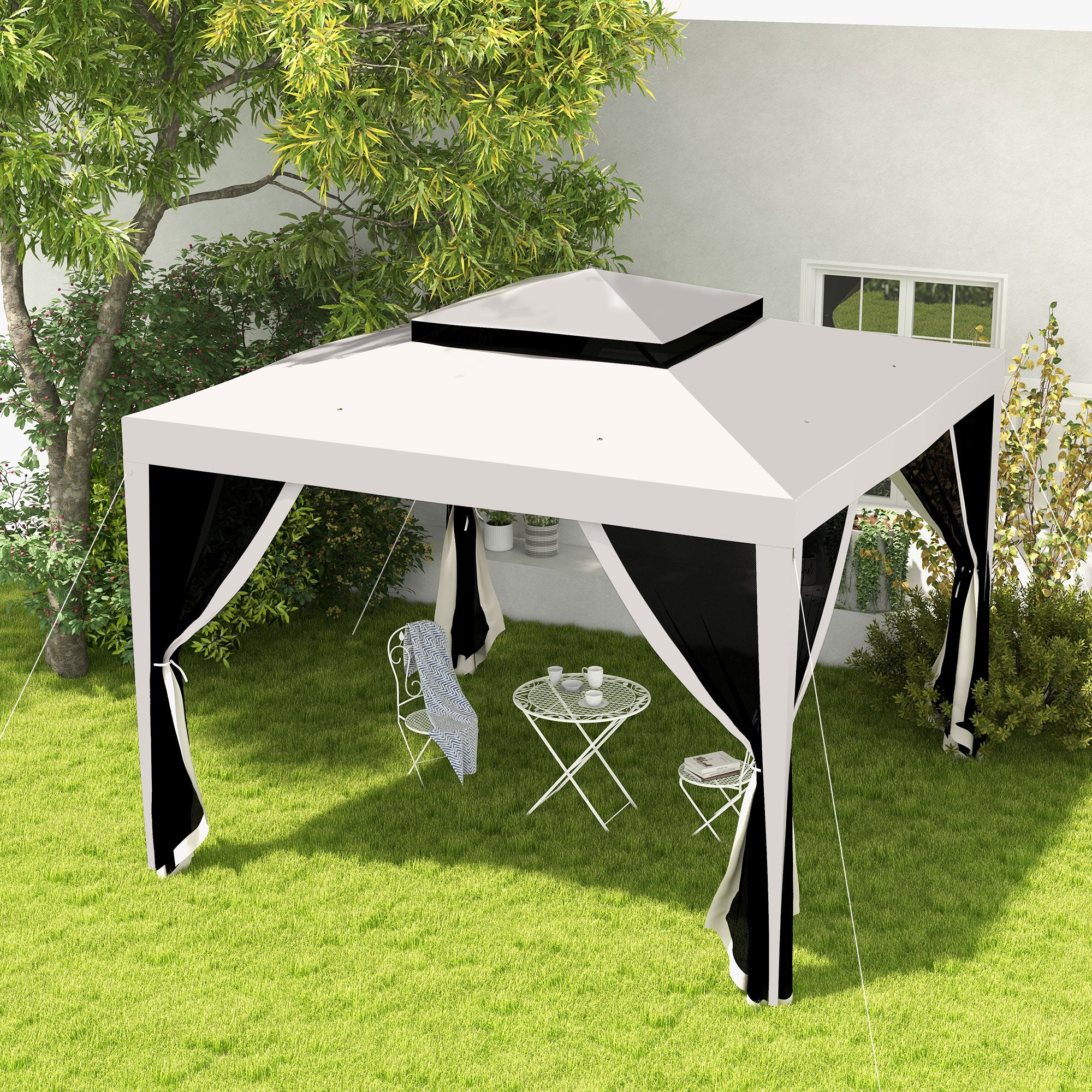 Garden Gazebo 3x3 m Detachable Outdoor Canopy with 4 Side Mosquito Net Curtains Double Roof and Anti-UV Waterproof Metal Frame Pavilion for Terrace Patio Cream