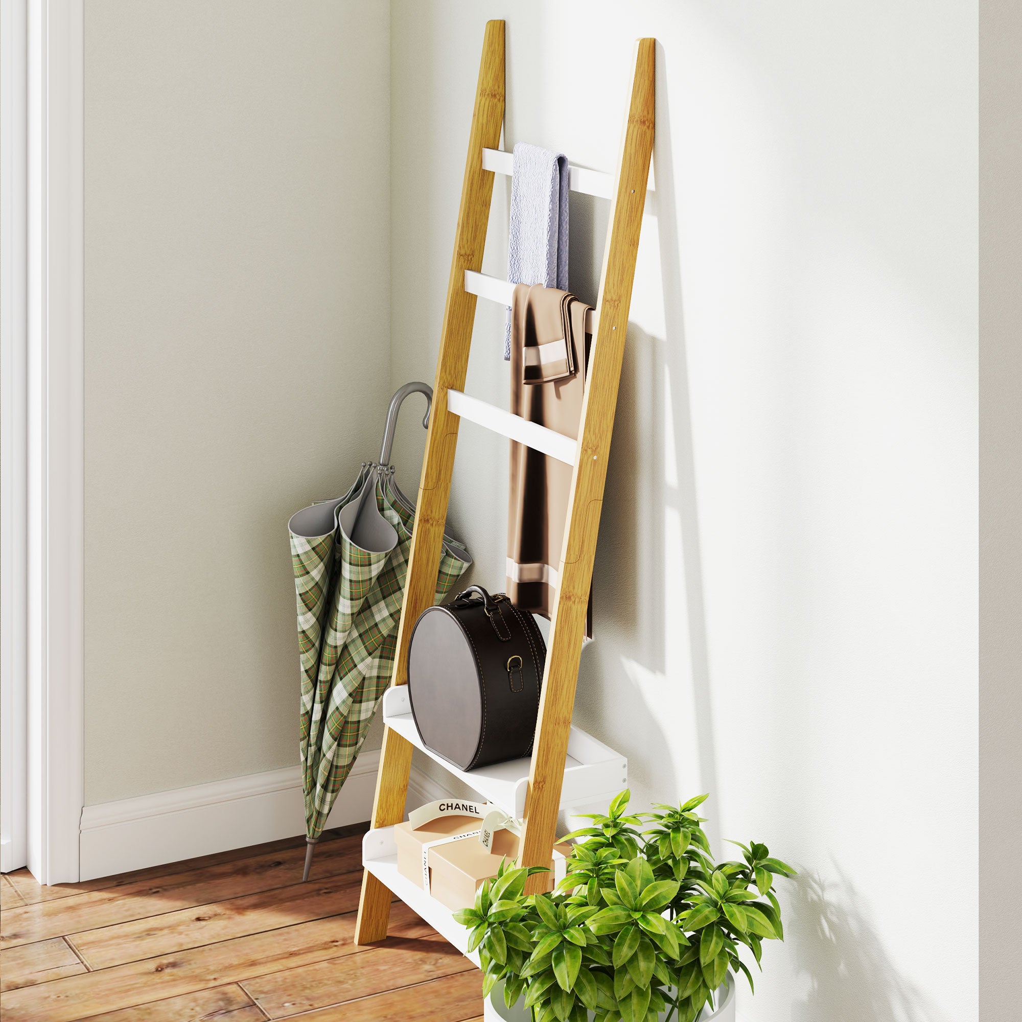 5-Tier Towel Rack Ladder Clothes Rack with 2 Shelves Space Saving for Bathroom, Bedroom, Living Room, White