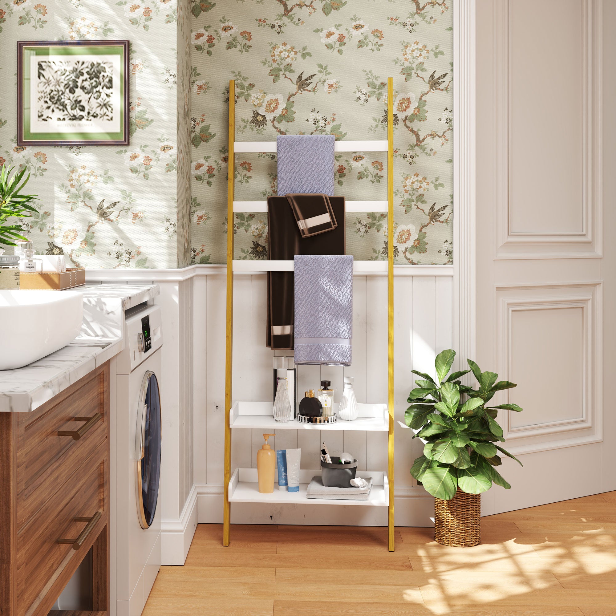 5-Tier Towel Rack Ladder Clothes Rack with 2 Shelves Space Saving for Bathroom, Bedroom, Living Room, White