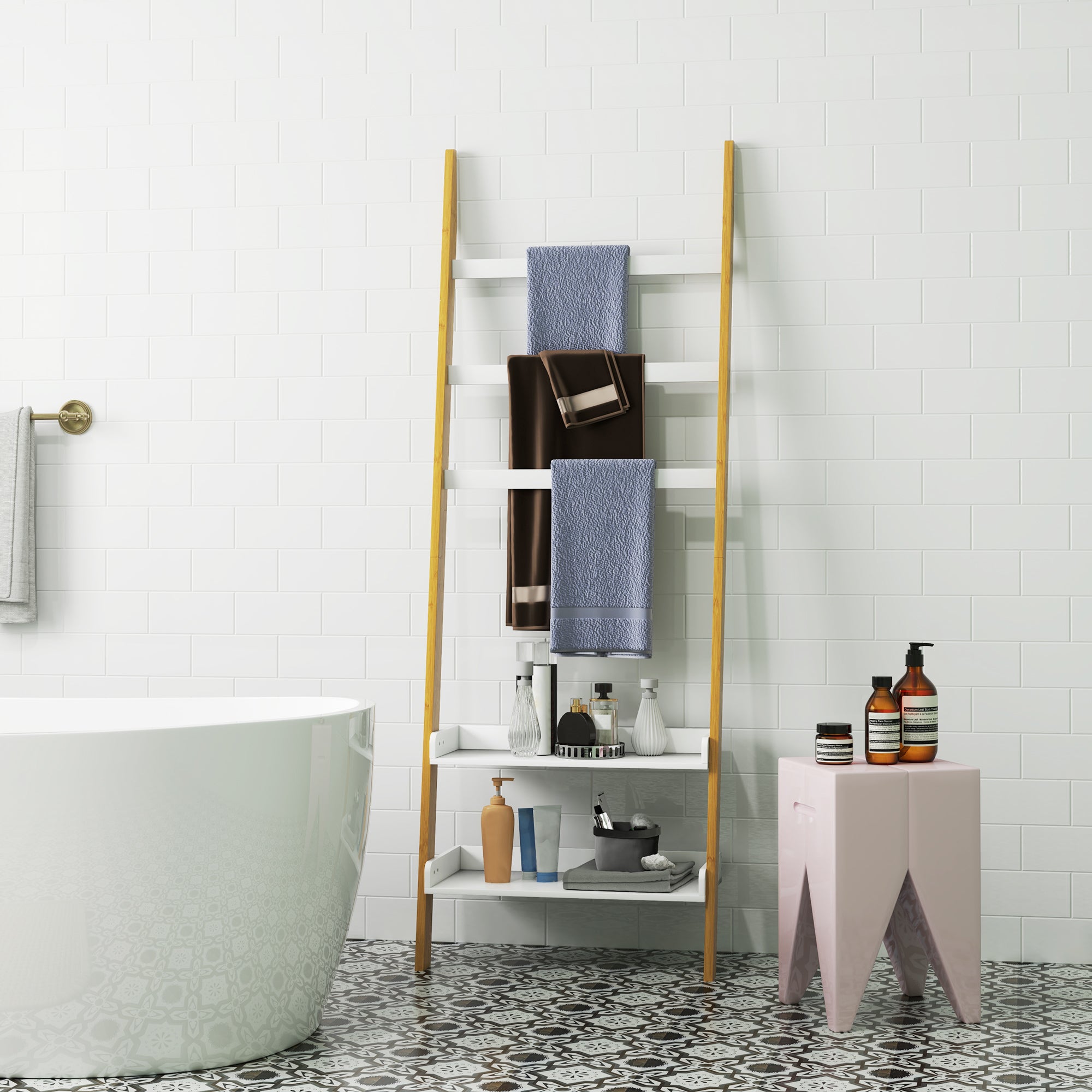 5-Tier Towel Rack Ladder Clothes Rack with 2 Shelves Space Saving for Bathroom, Bedroom, Living Room, White