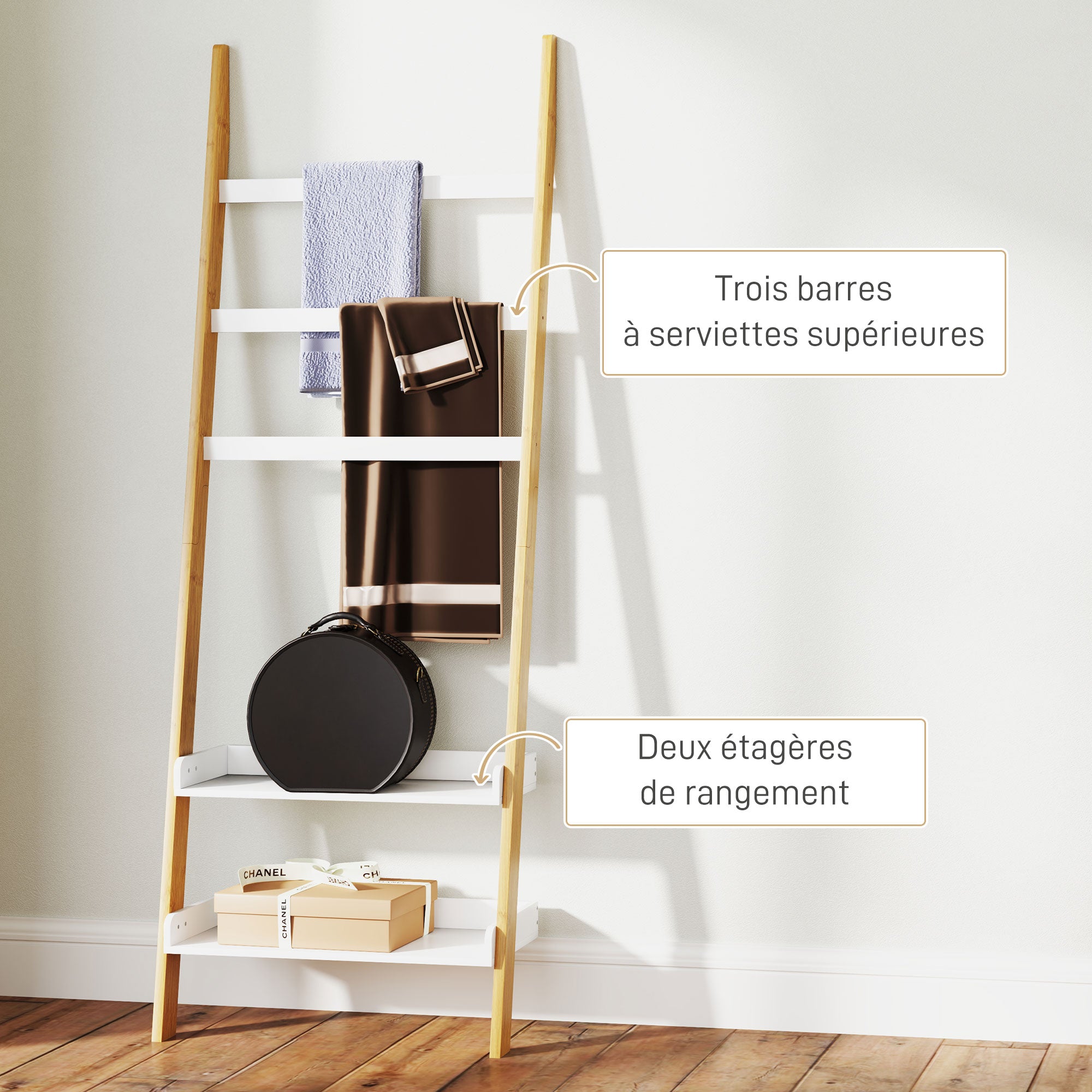 5-Tier Towel Rack Ladder Clothes Rack with 2 Shelves Space Saving for Bathroom, Bedroom, Living Room, White