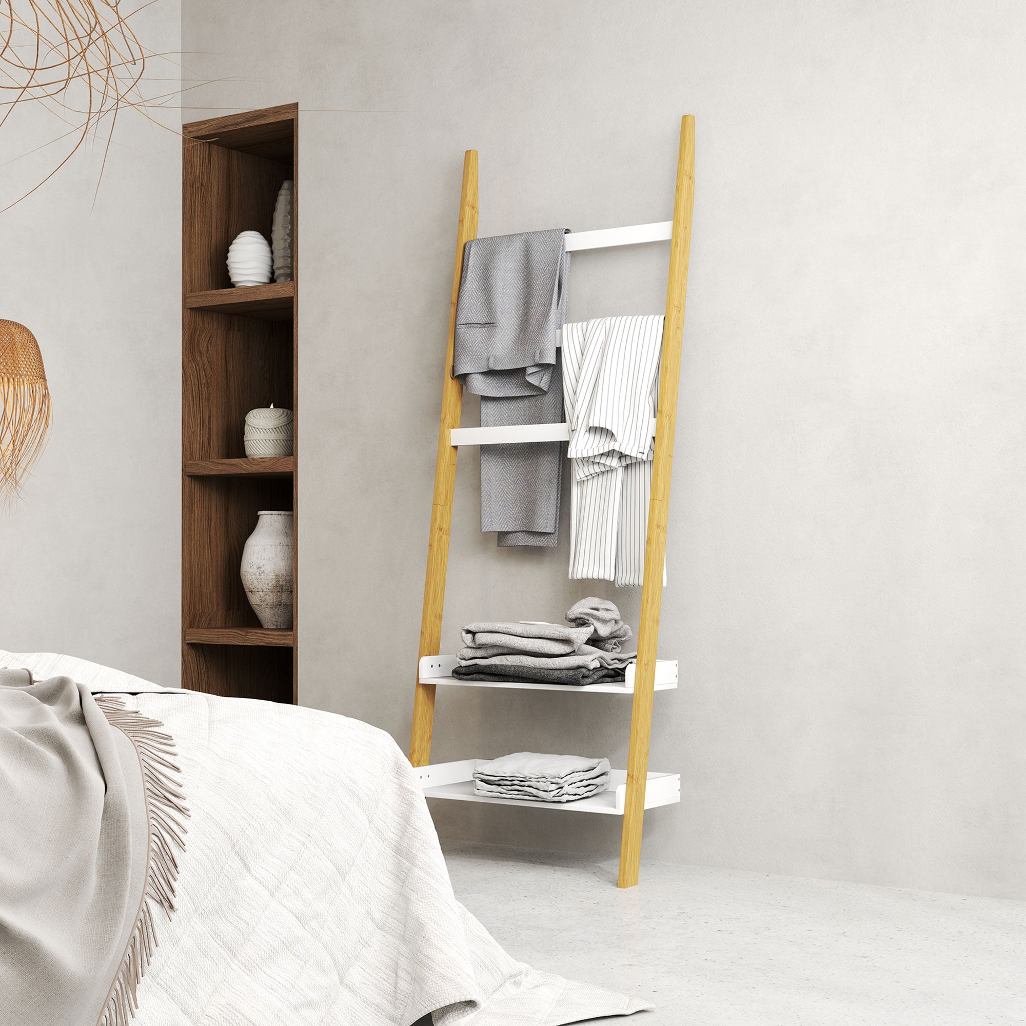 5-Tier Towel Rack Ladder Clothes Rack with 2 Shelves Space Saving for Bathroom, Bedroom, Living Room, White